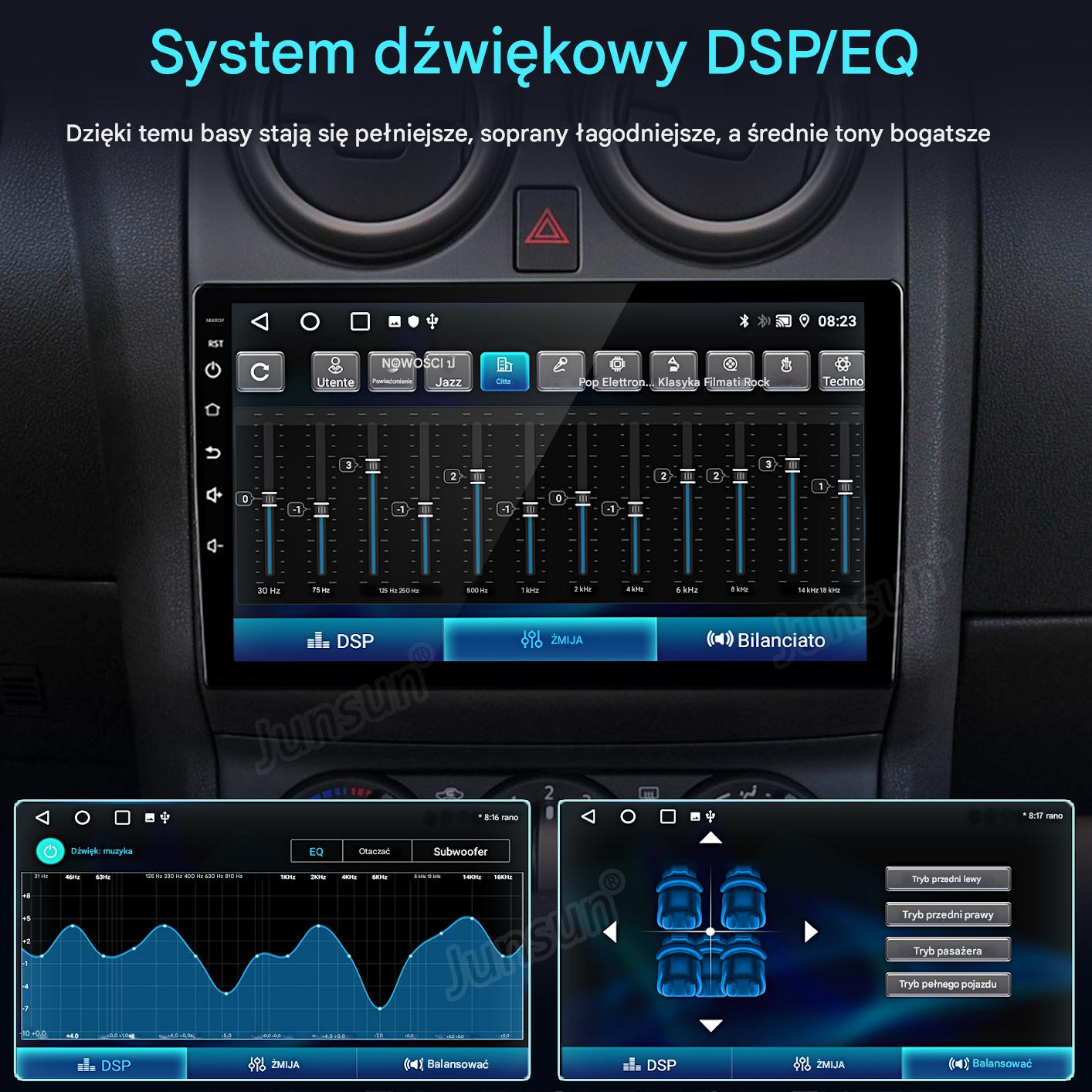 System multimedialny samochodu z ustawieniami DSP/EQ. Pokazuje regulacje częstotliwości, kontrolę dźwięku i balans.