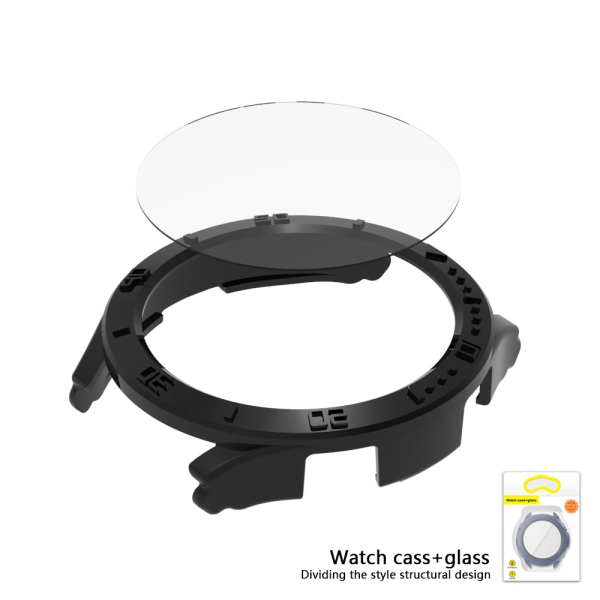 Schwarzes Uhrengehäuse mit Glasabdeckung. Verpackung zeigt Zifferblatt mit gelber Umrandung. Text: Watch cass+glass.