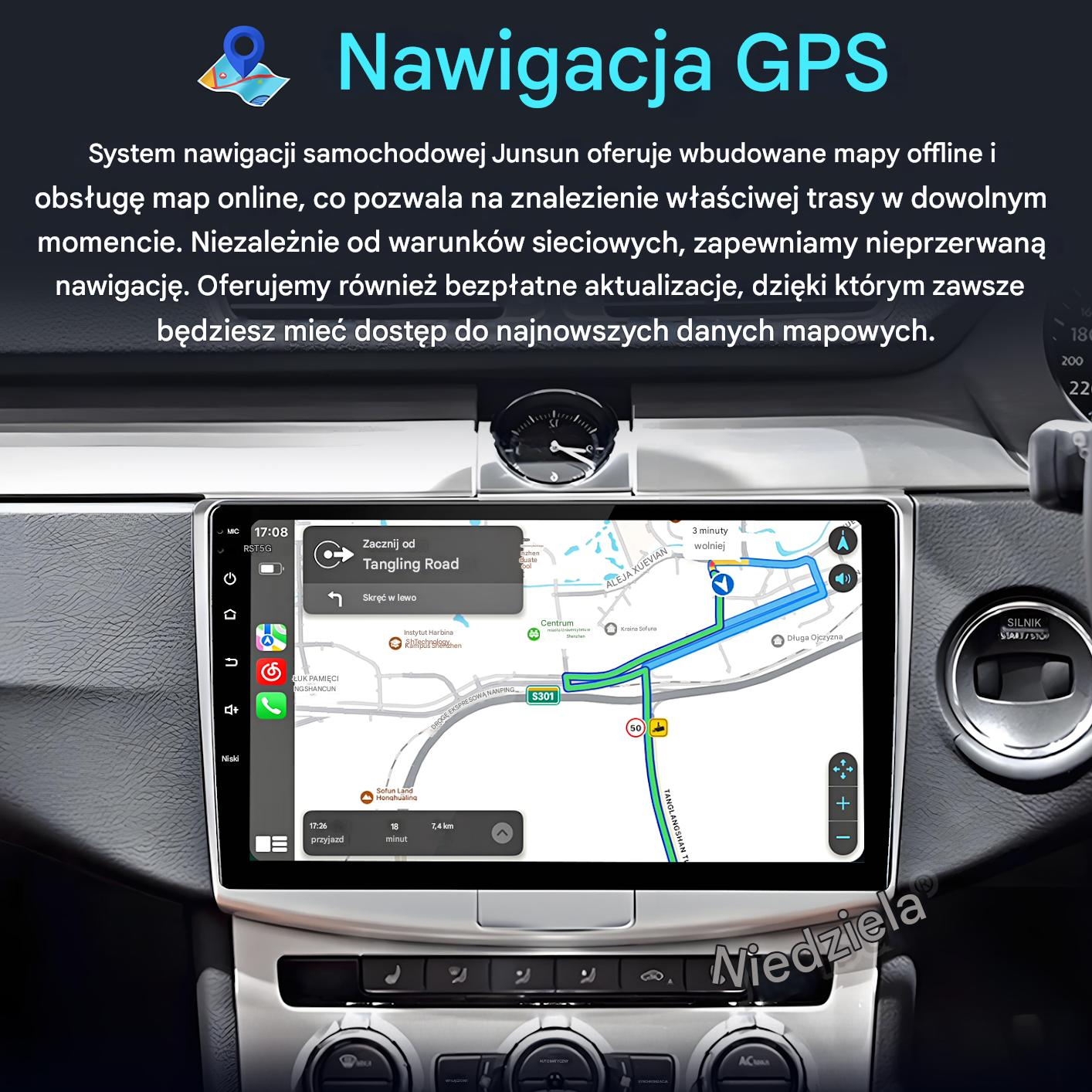 Ekran GPS w samochodzie pokazuje mapę nawigacji. Ekran wyświetla trasę, z nazwami ulic i wskazówkami. Wnętrze samochodu jest widoczne.