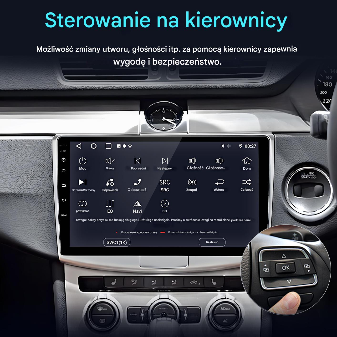 Wnętrze samochodu z ekranem nawigacji, sterowaniem w kierownicy i dłonią naciskającą przycisk. Widoczna deska rozdzielcza.