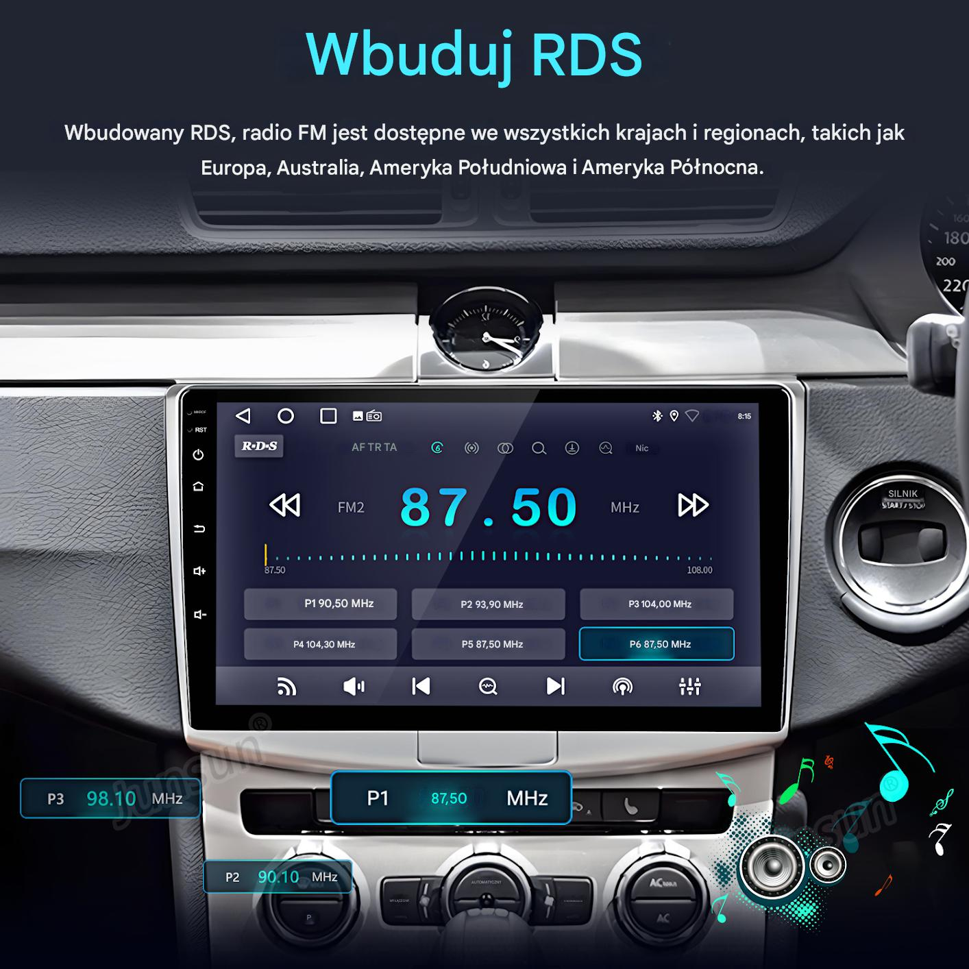 Deska rozdzielcza samochodu z wyświetlaczem radiowym pokazującym 87,50 MHz, logo RDS i przyciski. Tło zawiera wnętrze samochodu i tekst.