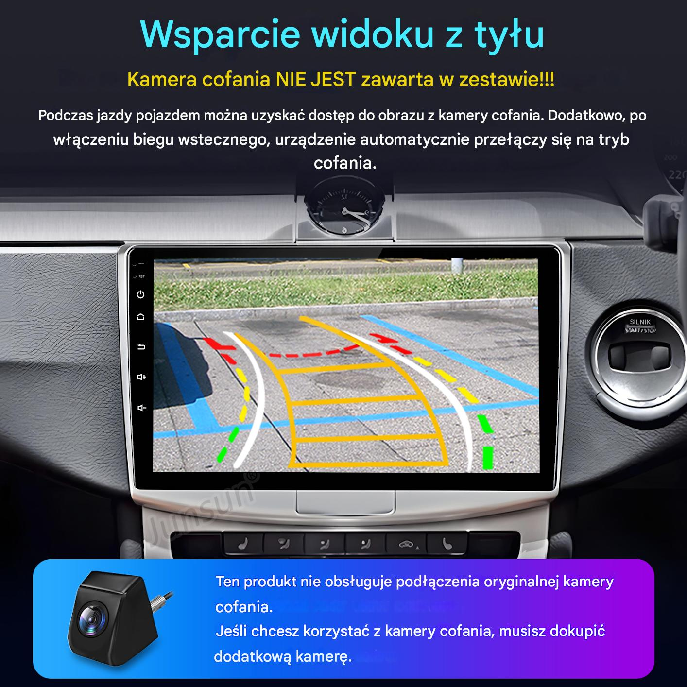 Deska rozdzielcza samochodu z widokiem z kamery cofania. Wyświetlacz pokazuje kolorowe linie pomocnicze parkowania.