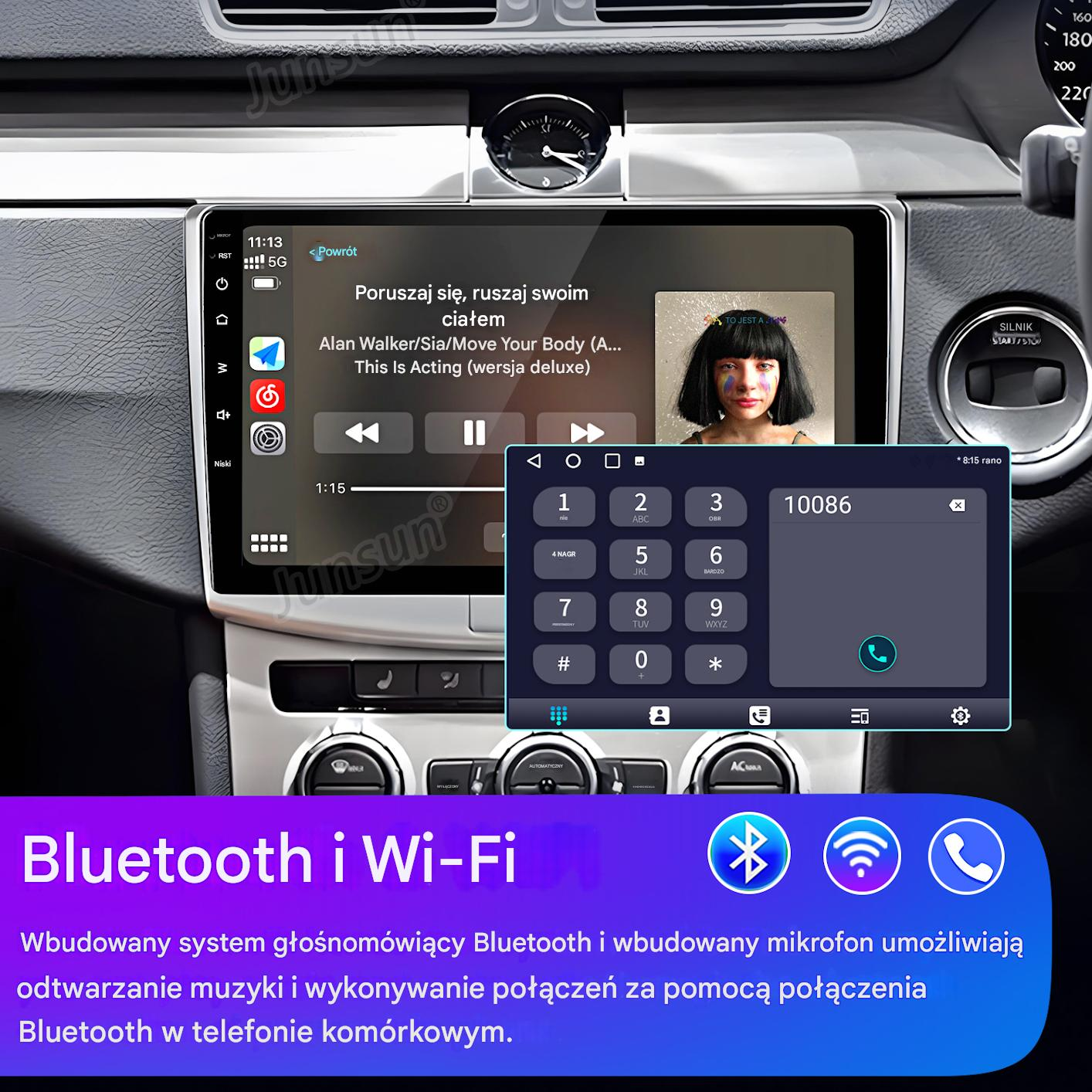 Ekran multimedialny samochodu pokazuje muzykę, ekran wybierania oraz funkcje Bluetooth i Wi-Fi.