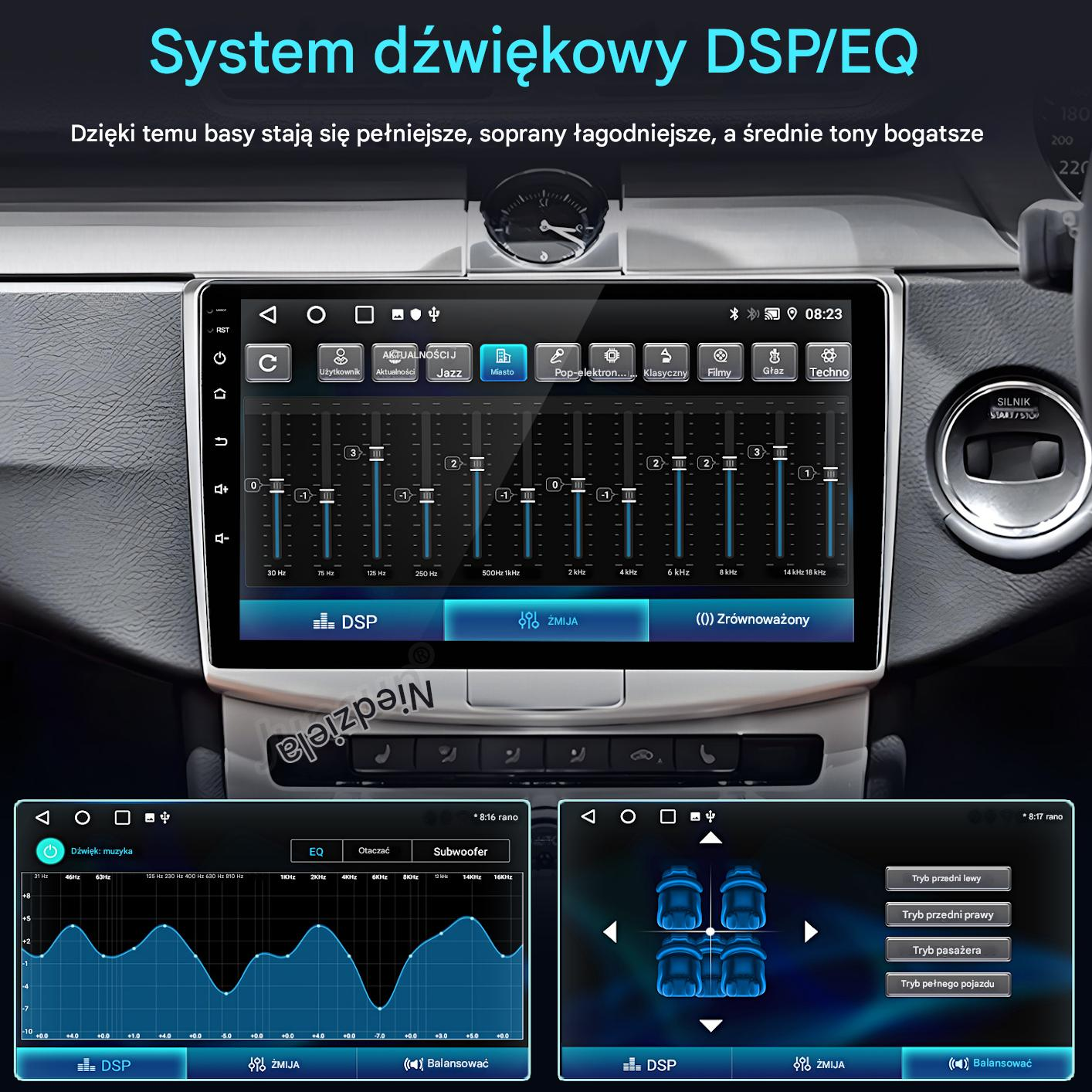 Interfejs systemu audio w samochodzie. Wyświetla korektor, ustawienia dźwięku i regulację balansu głośników. Ekran jest w desce rozdzielczej.