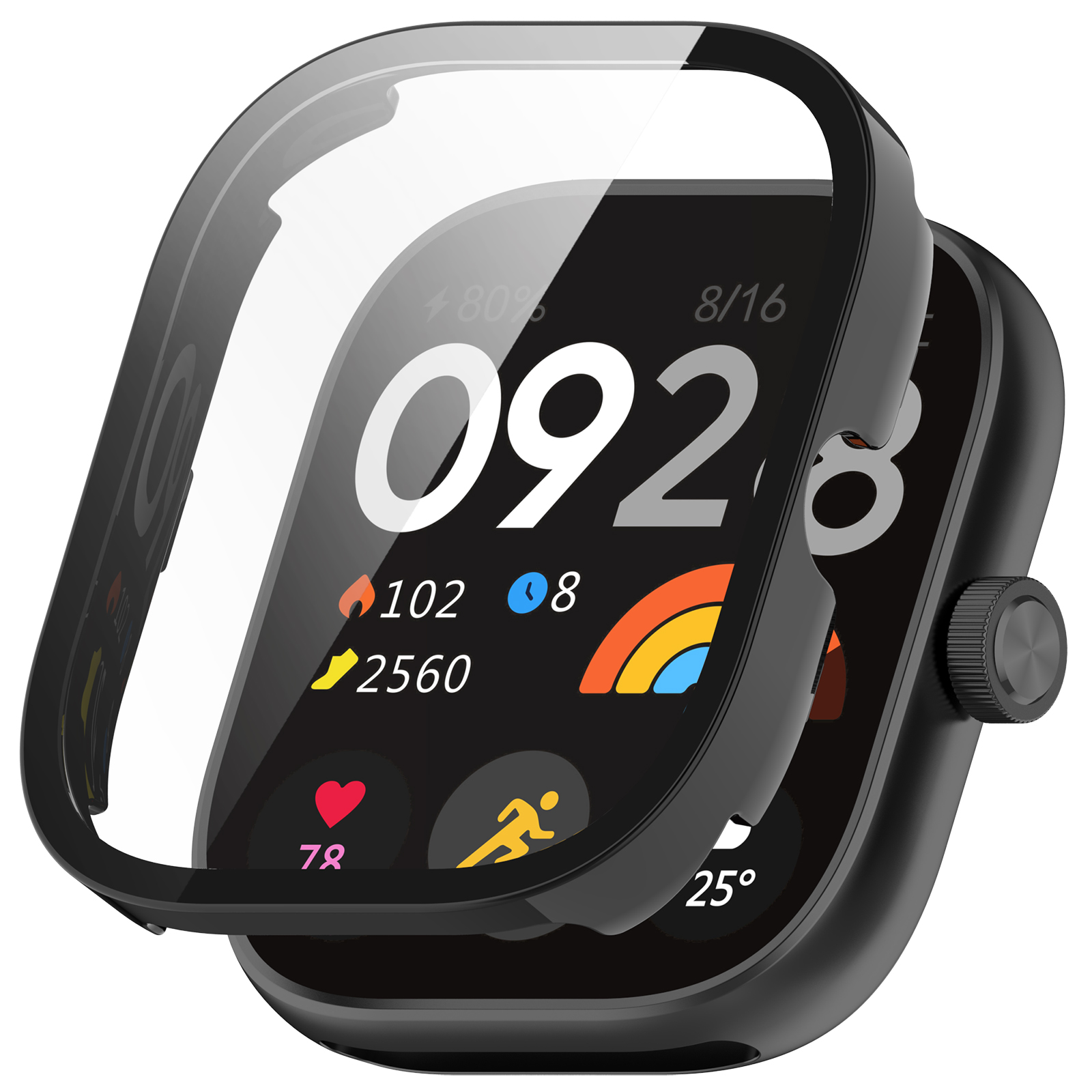 Une montre connectée noire avec une protection transparente. L'écran affiche des données comme l'heure, la batterie, les pas et la fréquence cardiaque.