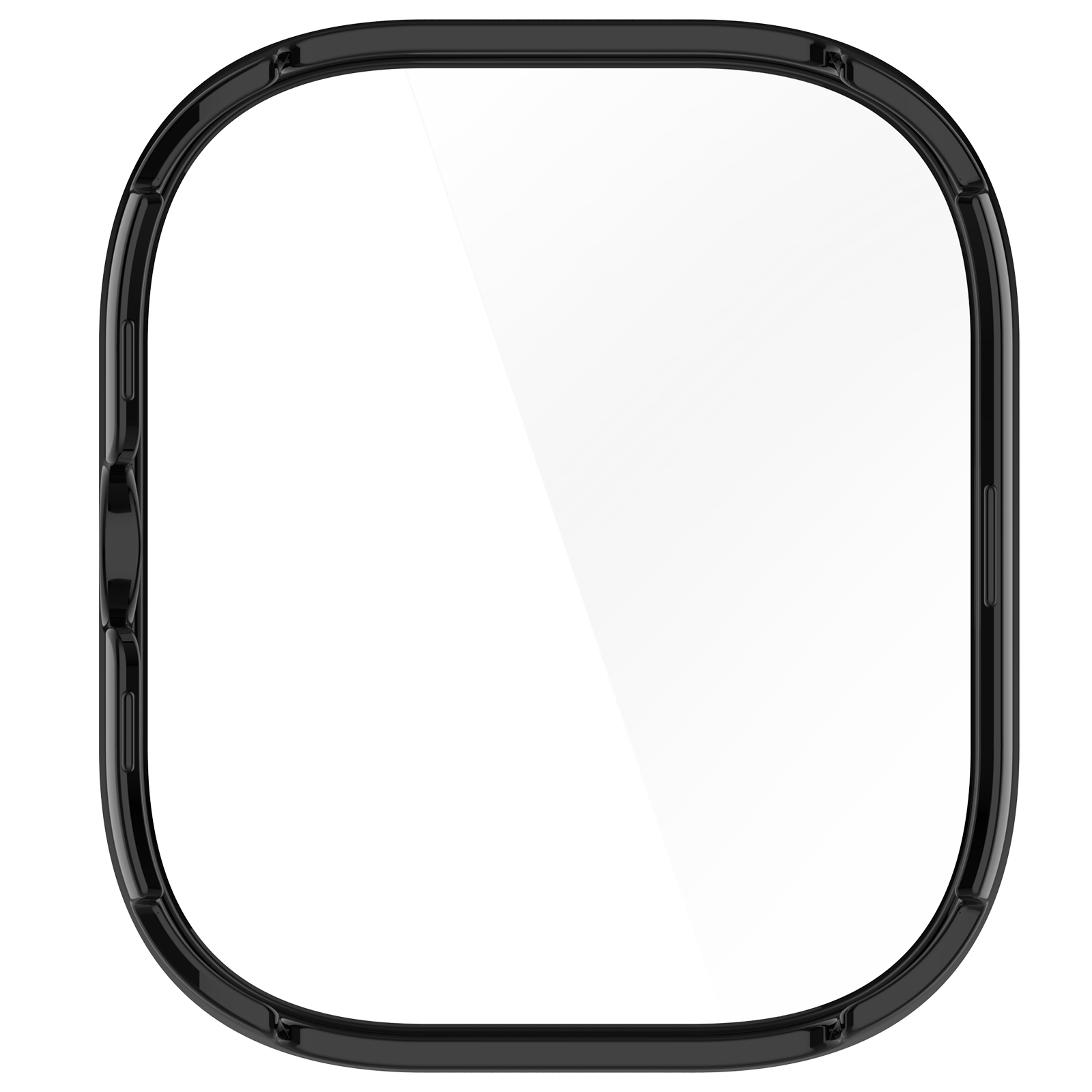 Une coque de téléphone noire avec un protecteur d'écran transparent. La coque a des coins arrondis et une finition brillante.