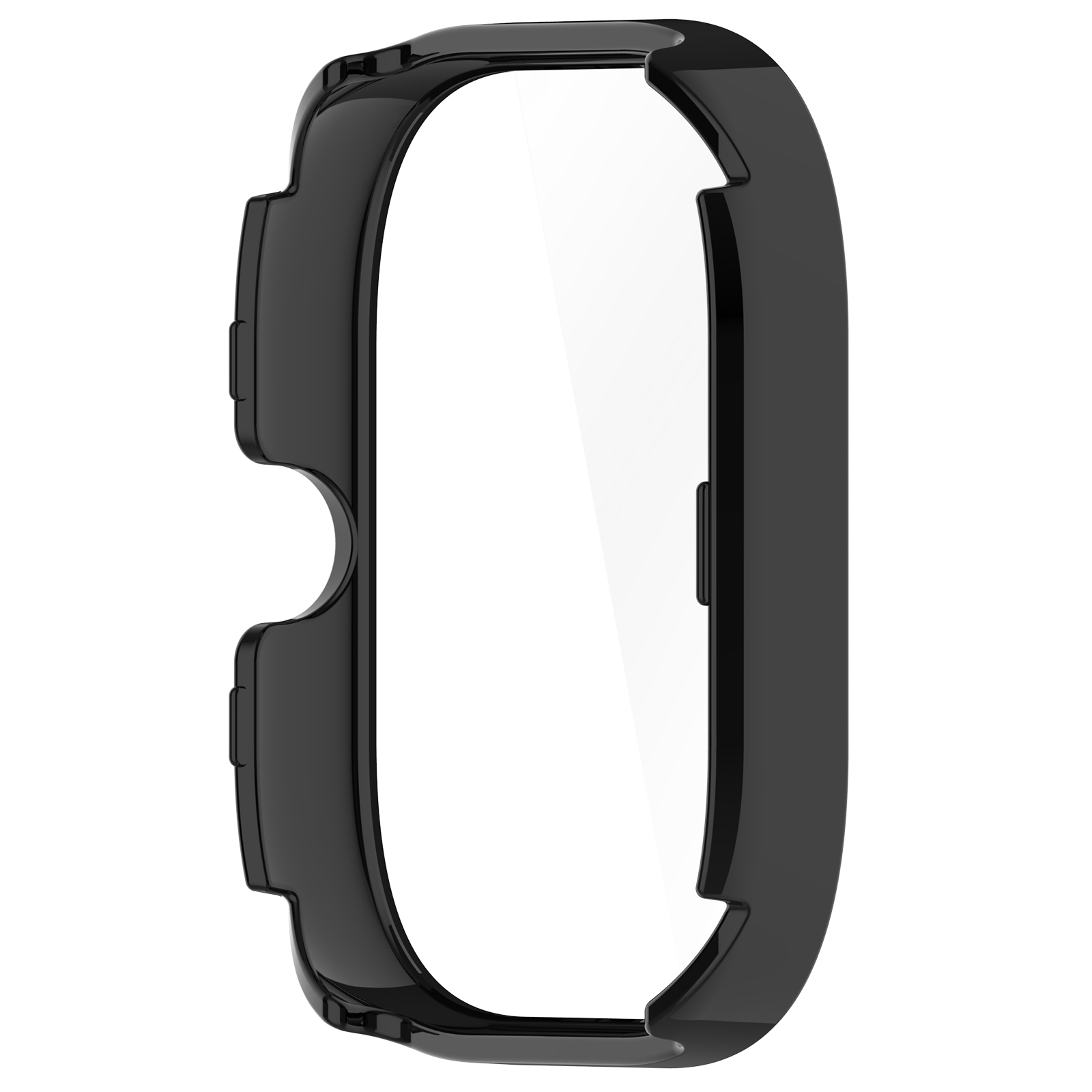 Un boîtier de montre noir et incurvé avec un écran transparent. Le boîtier a une finition brillante et est sur fond blanc.