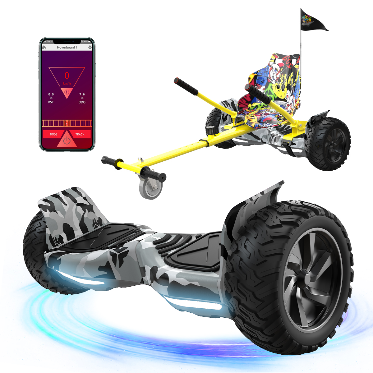 Hoverboard z mocowaniem do wózka i telefonem pokazującym statystyki. Hoverboard ma kamuflaż, wózek jest żółty z siedzeniem i flagą graffiti.