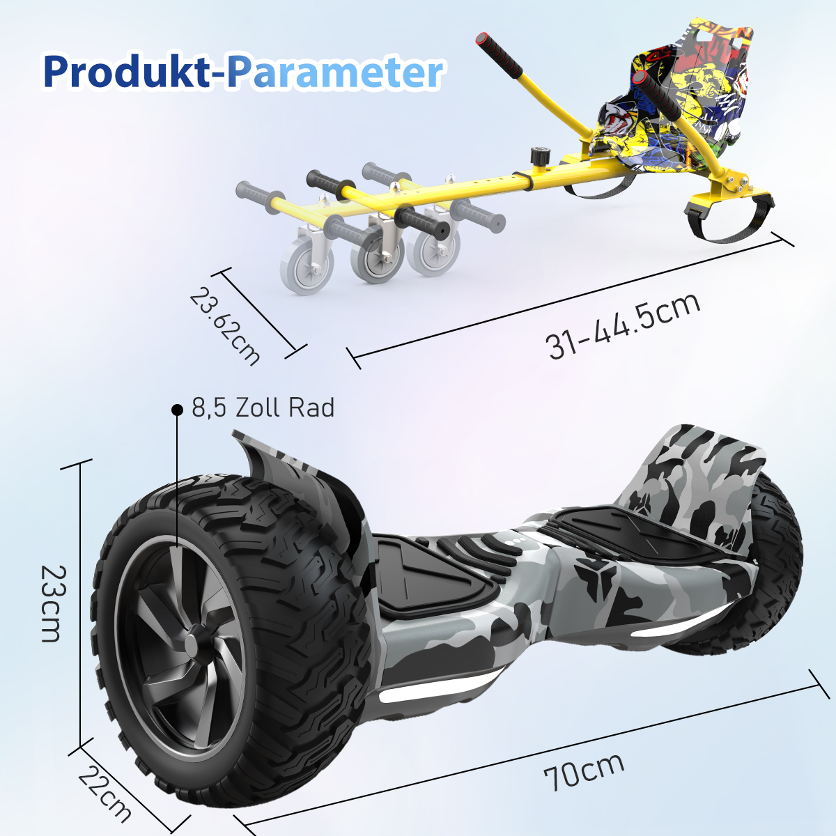 Obraz przedstawia dwa urządzenia mobilności: żółty gokart i kamuflażową deskorolkę. Wymiary są oznaczone.