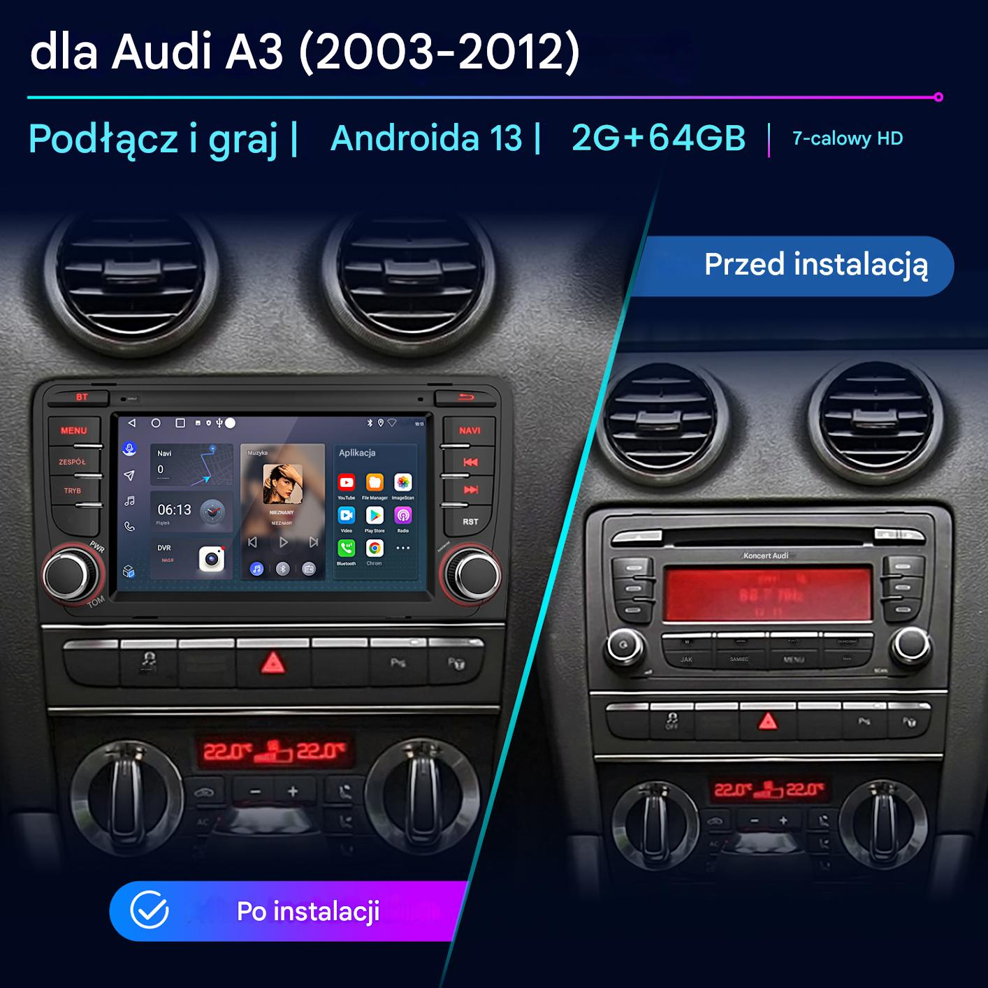 Porównanie deski rozdzielczej: stare radio vs nowy system Android. Pokazuje instalację przed i po, z wyświetlaczem temperatury.