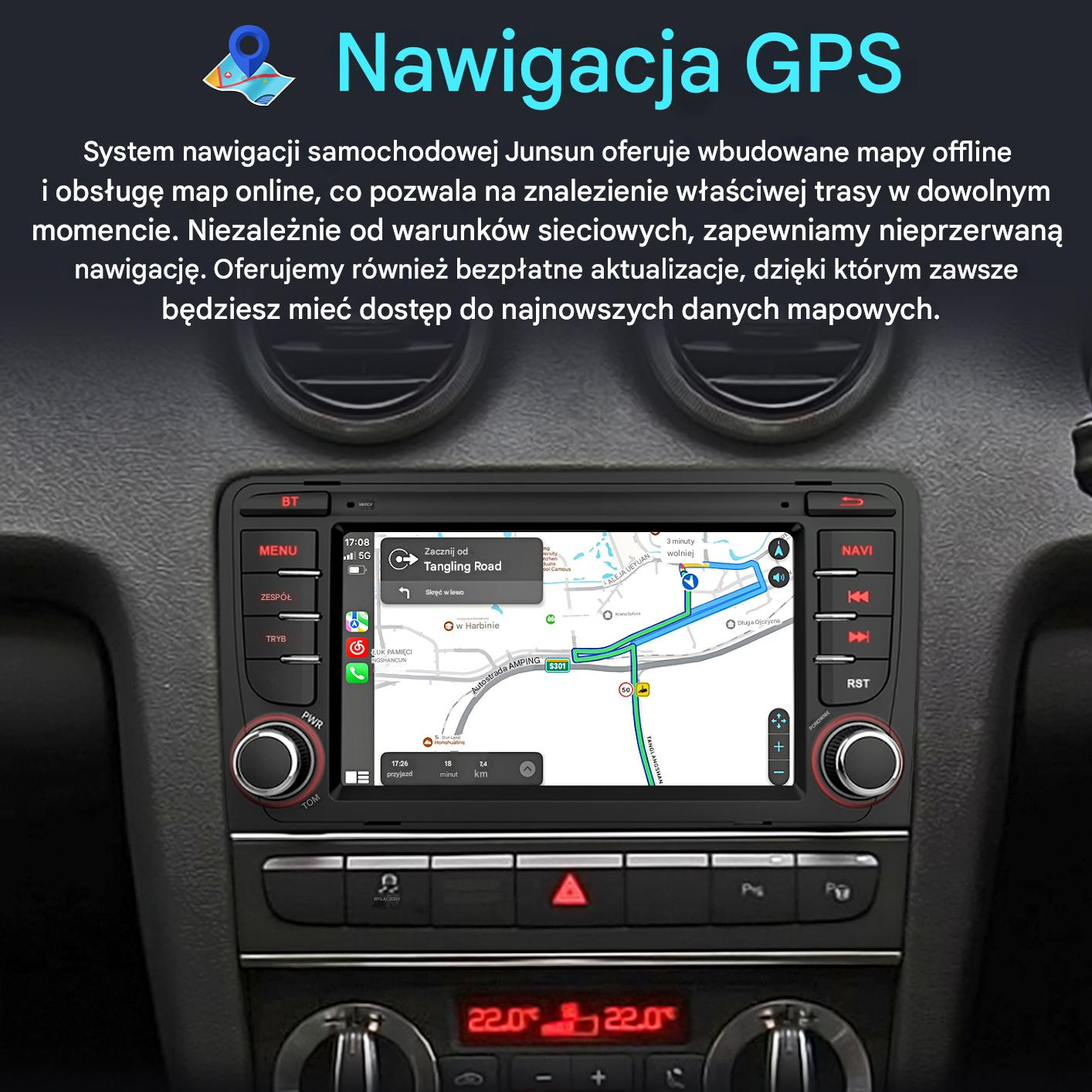 Ekran nawigacji samochodowej z mapą i wskazówkami trasy. Deska rozdzielcza z przyciskami i kontrolkami temperatury.