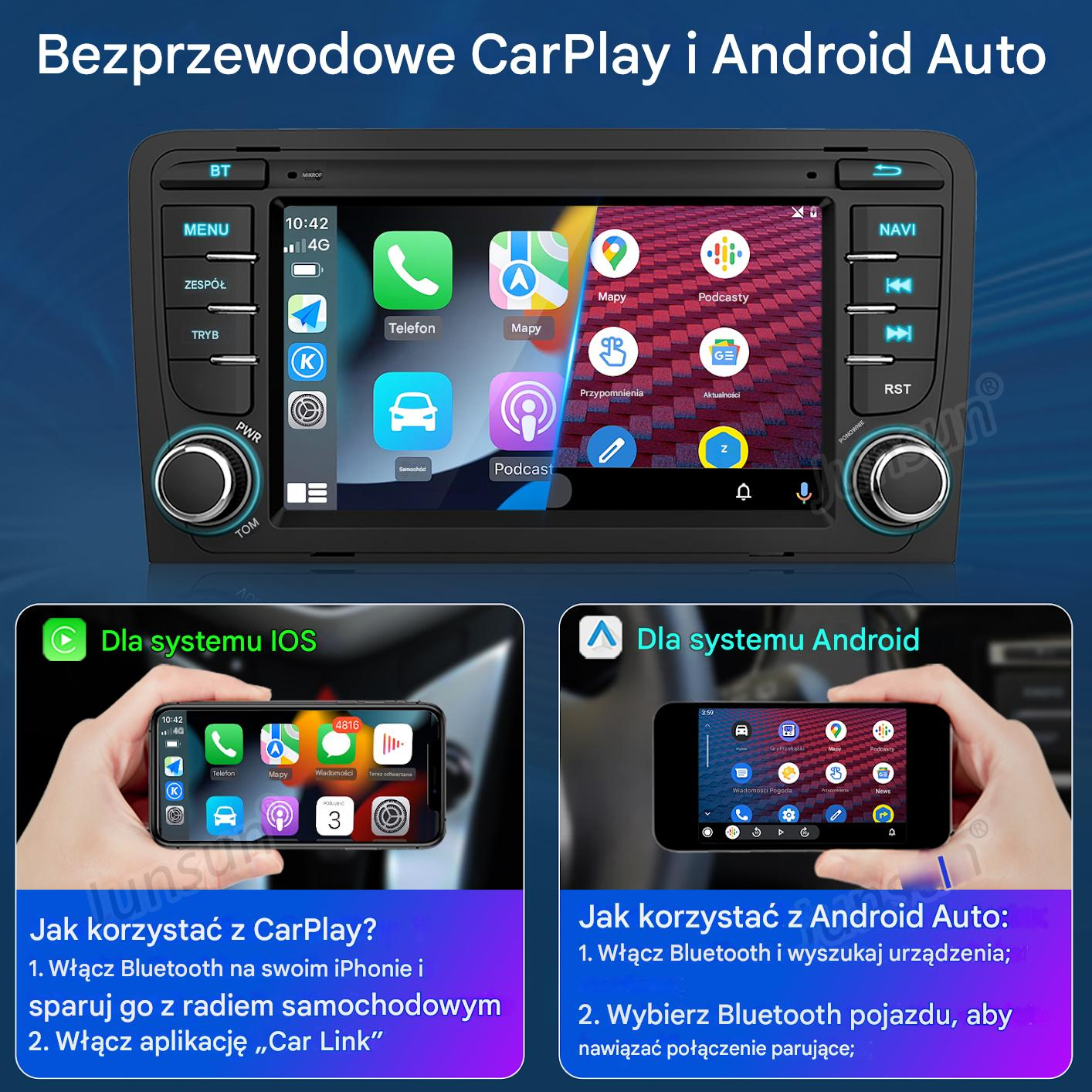Wyświetlacz samochodowy z CarPlay i Android Auto. Pokazuje ikony aplikacji map, muzyki, telefonu i ustawień.