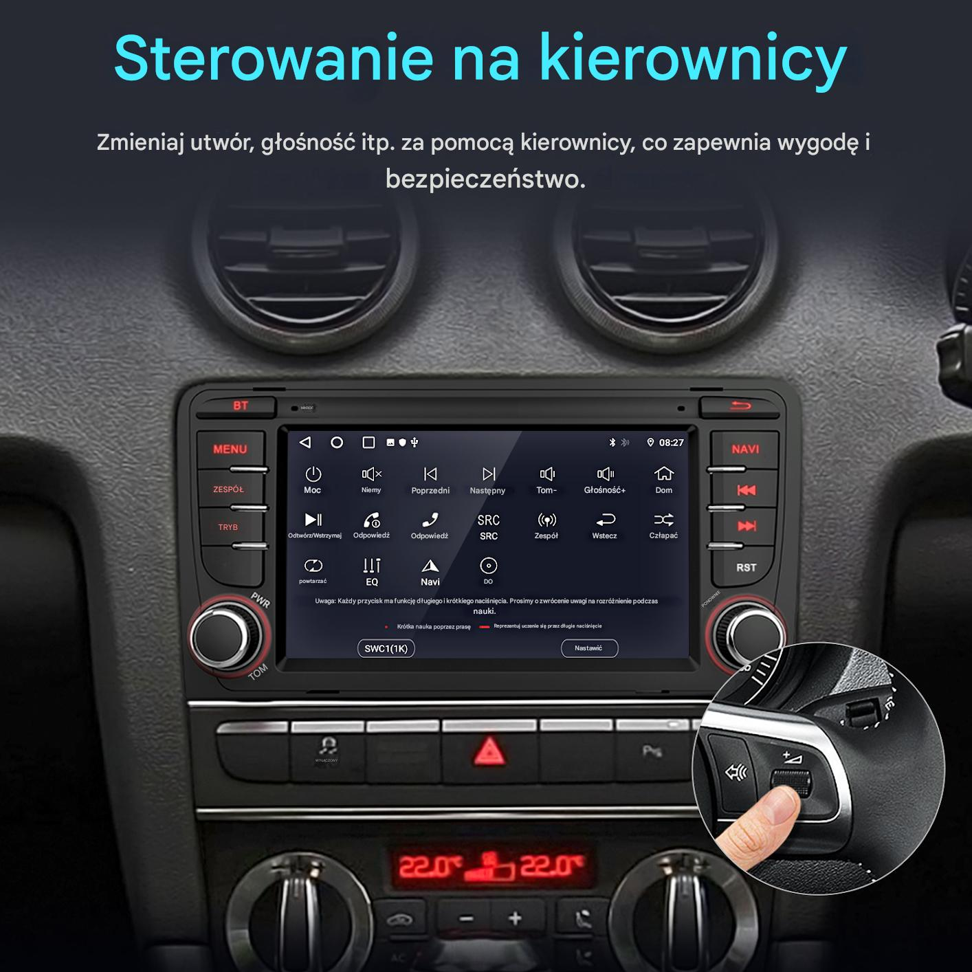 Radio samochodowe z elementami sterowania na kierownicy. Ręka naciska przycisk na kierownicy. Ekran wyświetla opcje.