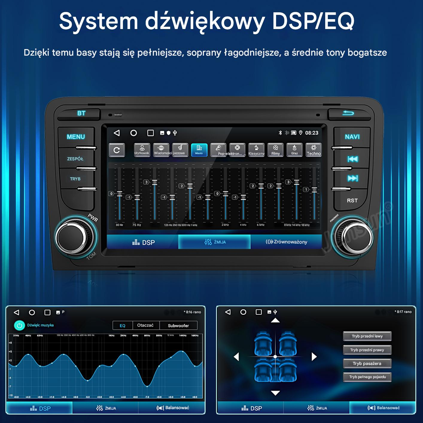 Interfejs samochodowego systemu audio z ekranem dotykowym, ustawieniami korektora i przyciskami sterowania, wyświetlający opcje regulacji dźwięku.