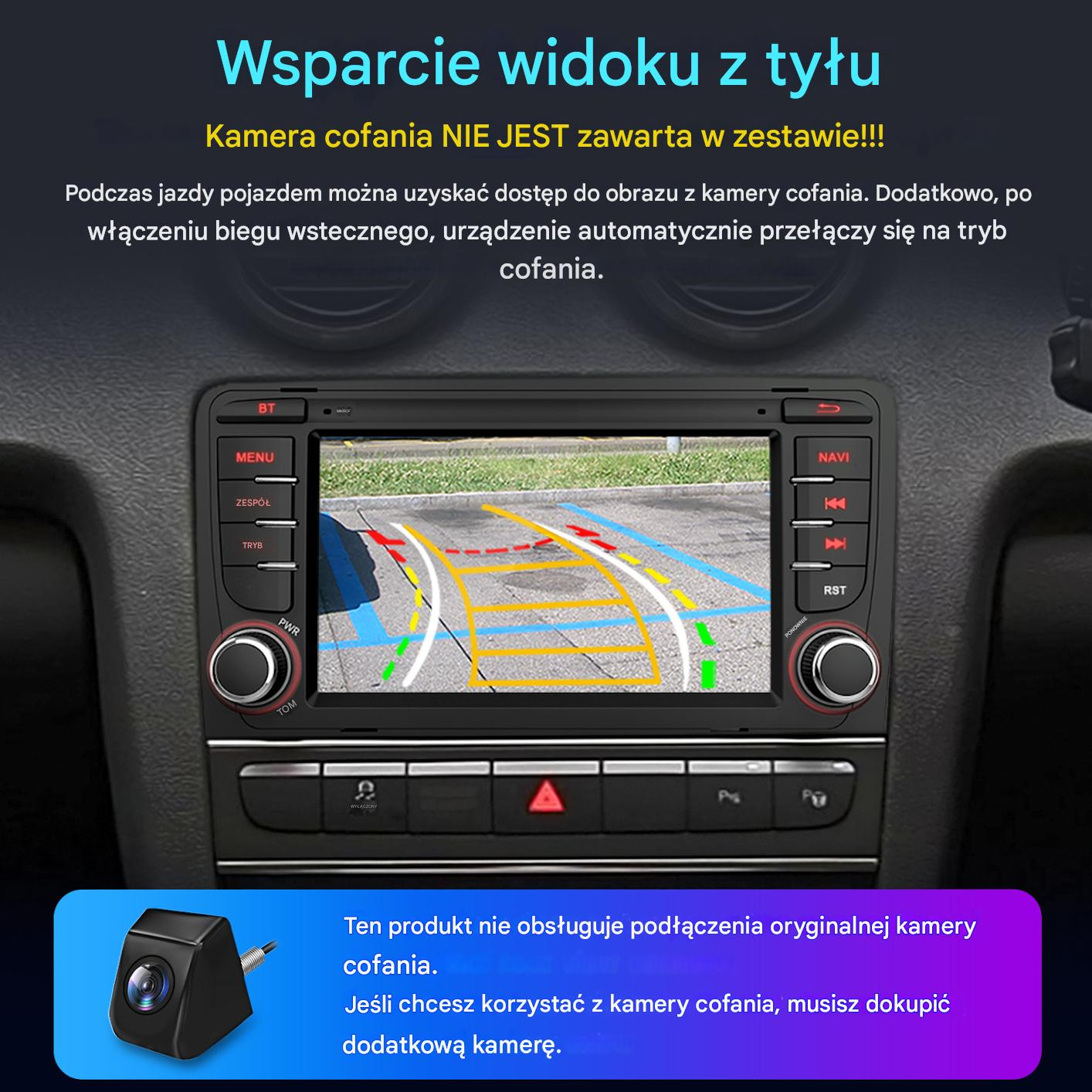 Ekran deski rozdzielczej samochodu wyświetlający widok z tyłu z kamery cofania, z przyciskami i małym obrazem kamery.
