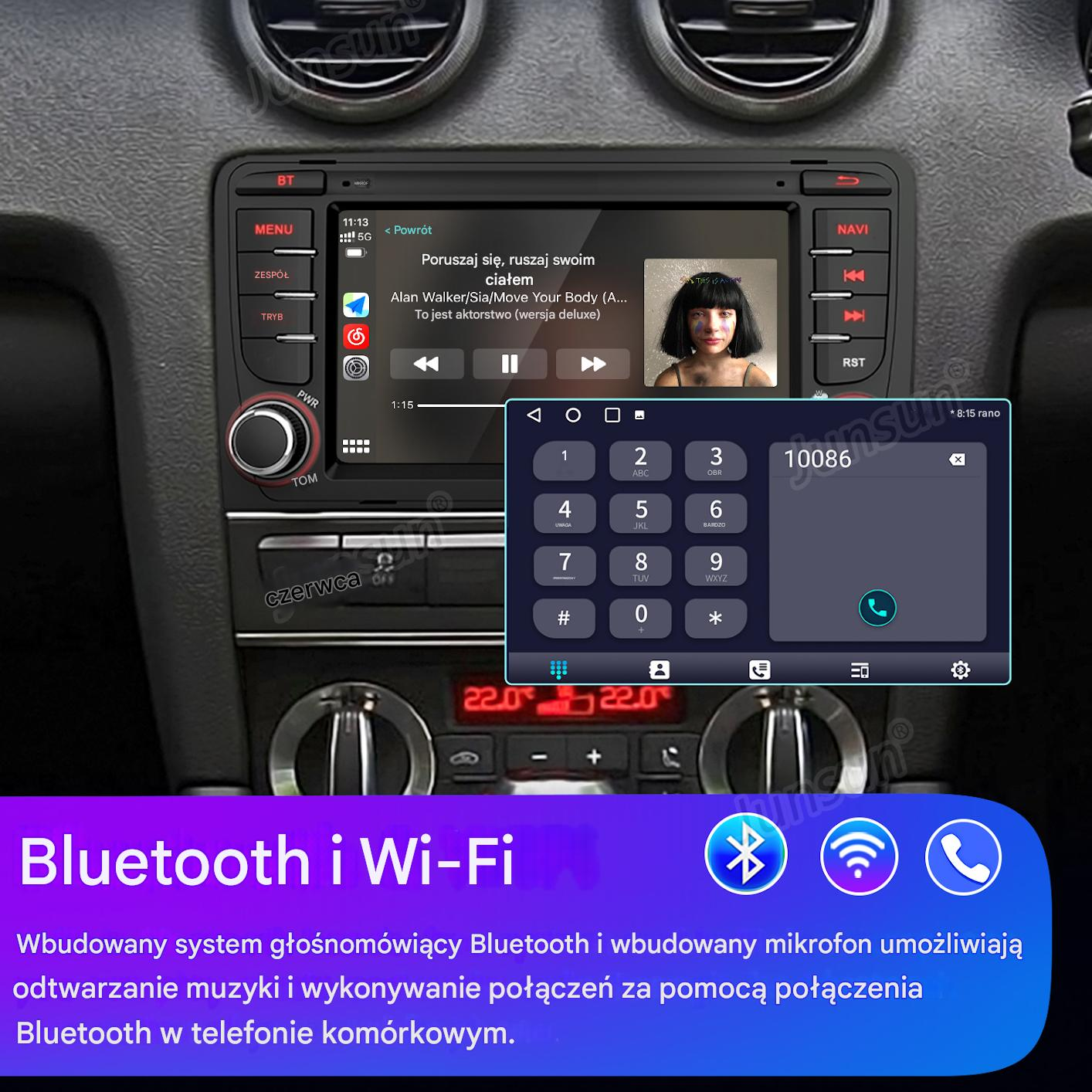 Radio samochodowe z ekranem wyświetlającym klawiaturę telefonu i informacje o muzyce. Widoczne są ikony Bluetooth i Wi-Fi.