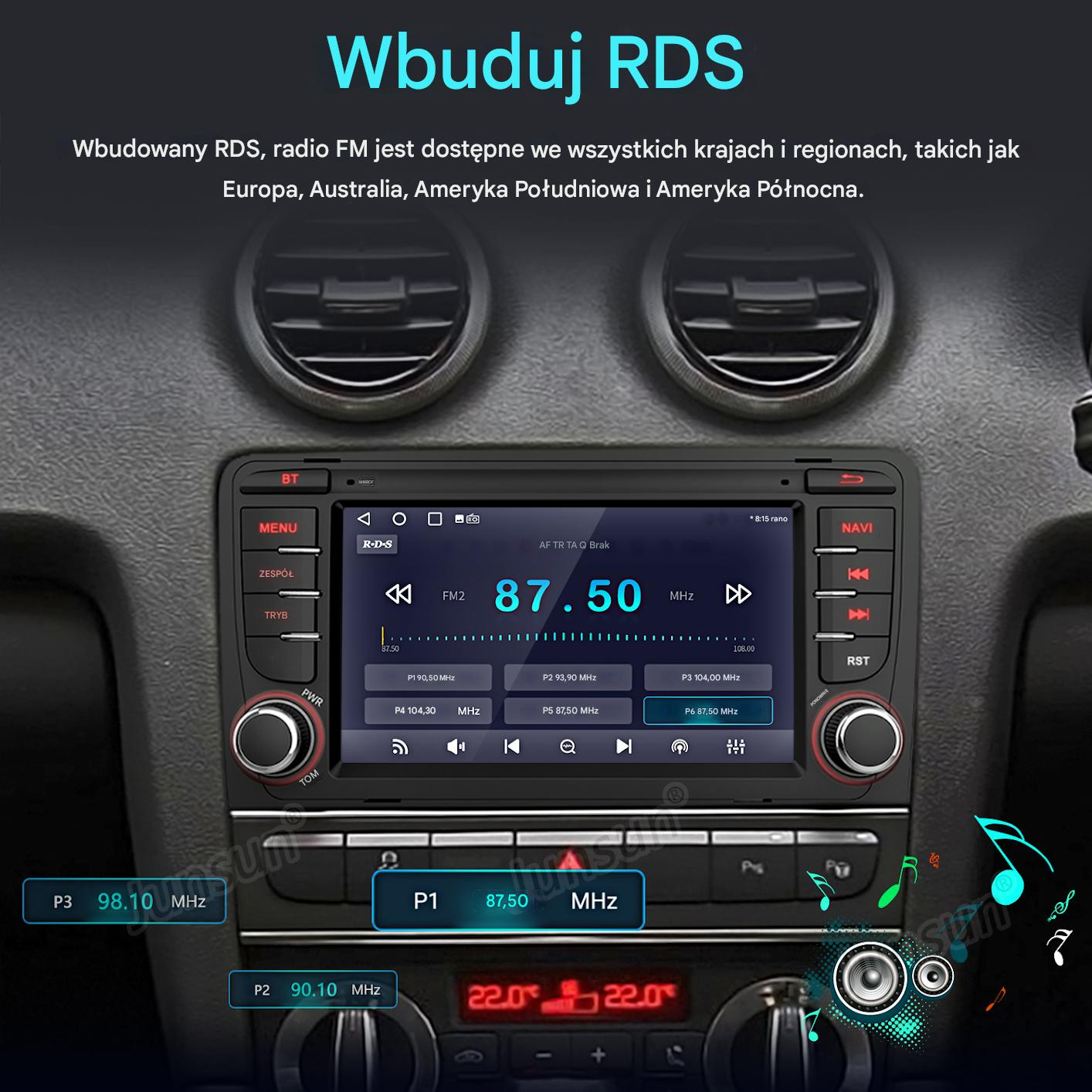 Ekran radia samochodowego wyświetla 87,50 MHz. Widoczne przyciski menu, nawigacji i zasilania. Otwory wentylacyjne i nakładka tekstowa.