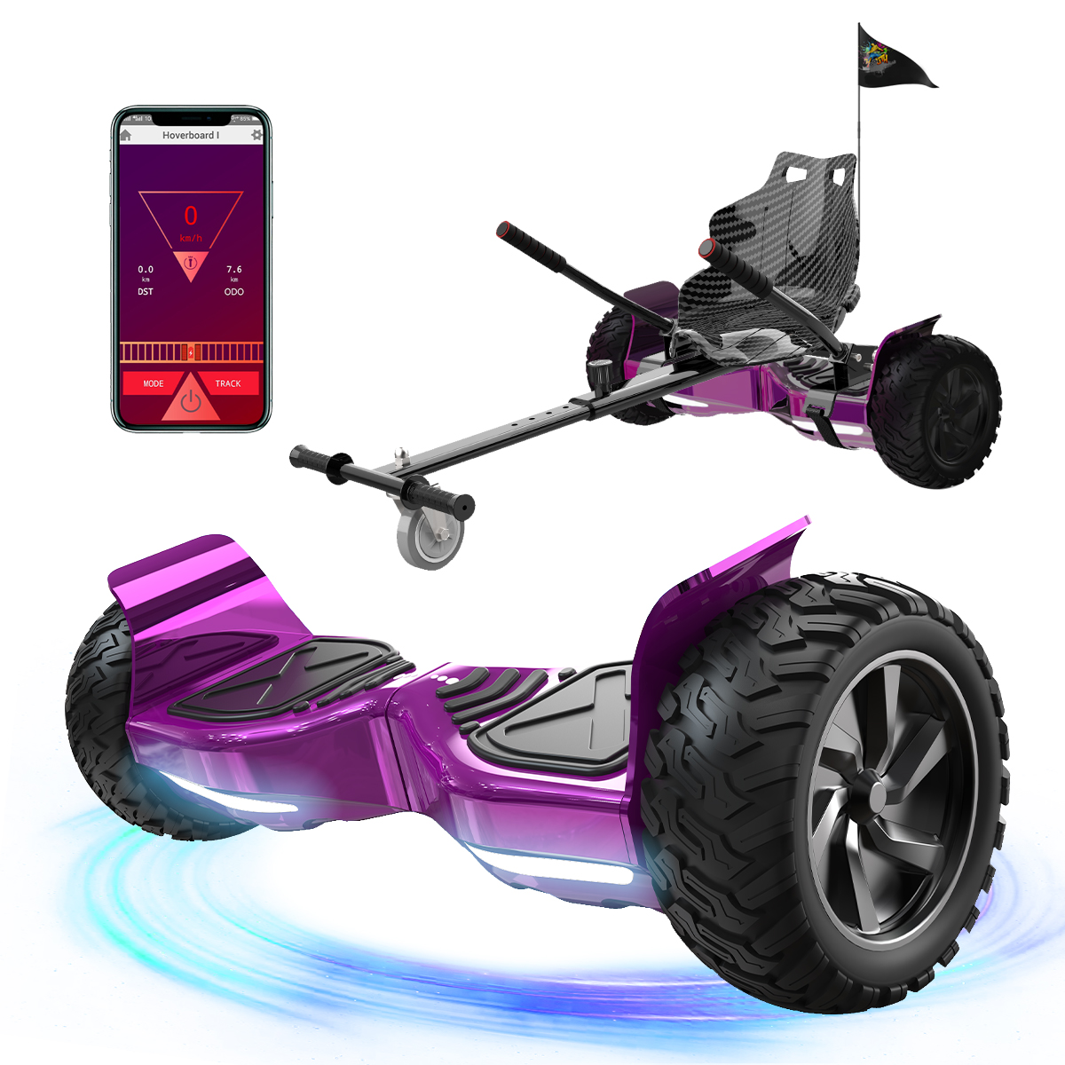 Ein lila Hoverboard mit Sitzaufsatz und Telefon, das die Geschwindigkeit anzeigt. Die Räder sind robust, und die Szene ist weiß.