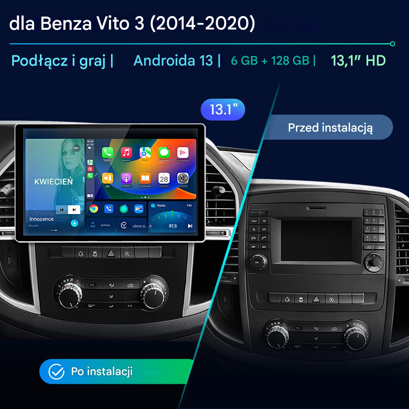 Porównanie deski rozdzielczej samochodu przed i po zainstalowaniu nowego systemu Android. Nowy system ma ekran dotykowy.