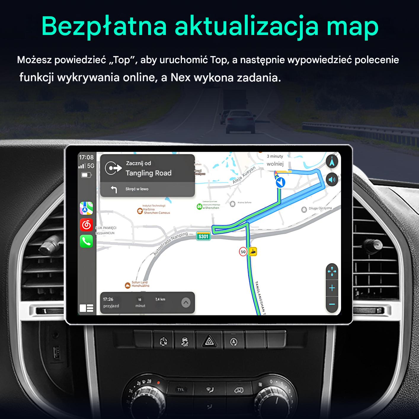 Ekran nawigacji samochodu pokazujący mapę z instrukcjami. Wnętrze samochodu jest widoczne, w tym deska rozdzielcza i kratki wentylacyjne.