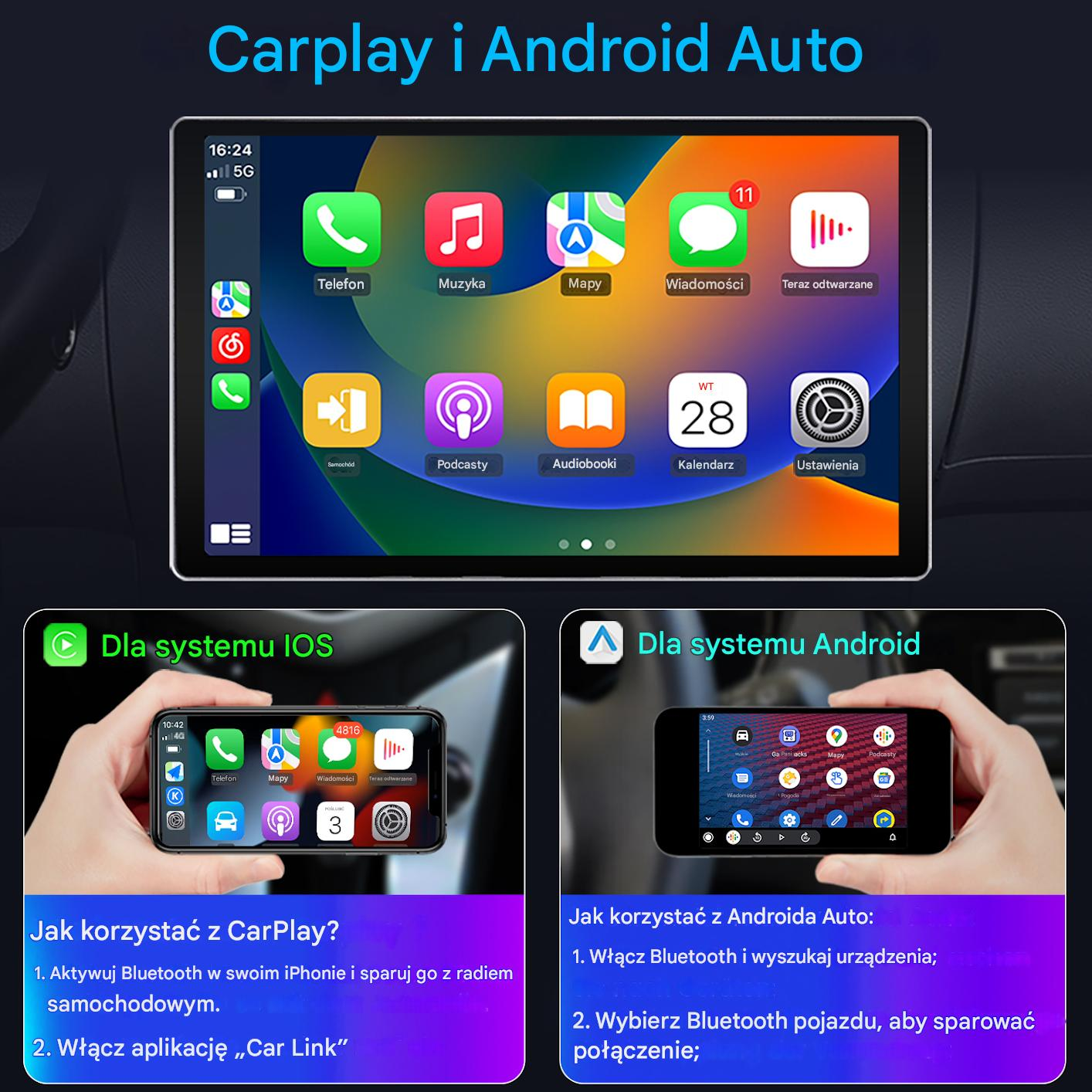 Obrazek przedstawia samochodowy system informacyjno-rozrywkowy z Apple CarPlay i Android Auto. Instrukcje użytkowania są wyświetlane poniżej.