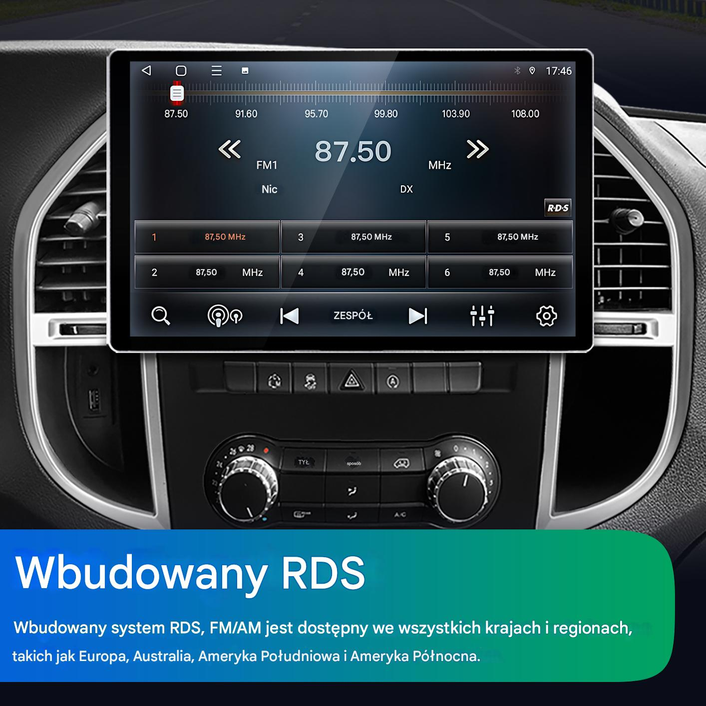 Panel samochodu z ekranem wyświetlającym informacje radiowe. Ekran pokazuje częstotliwość FM, przyciski i ustawienia.