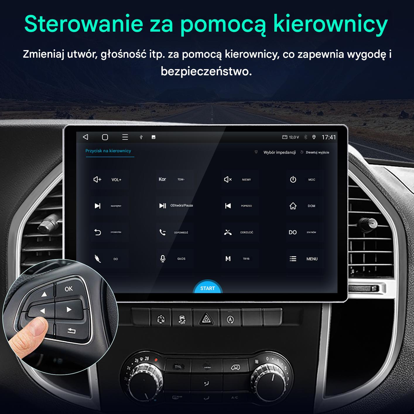 Panel samochodowy z ekranem wyświetlającym opcje sterowania. Ręka naciska przycisk na kierownicy. Tekst po polsku.