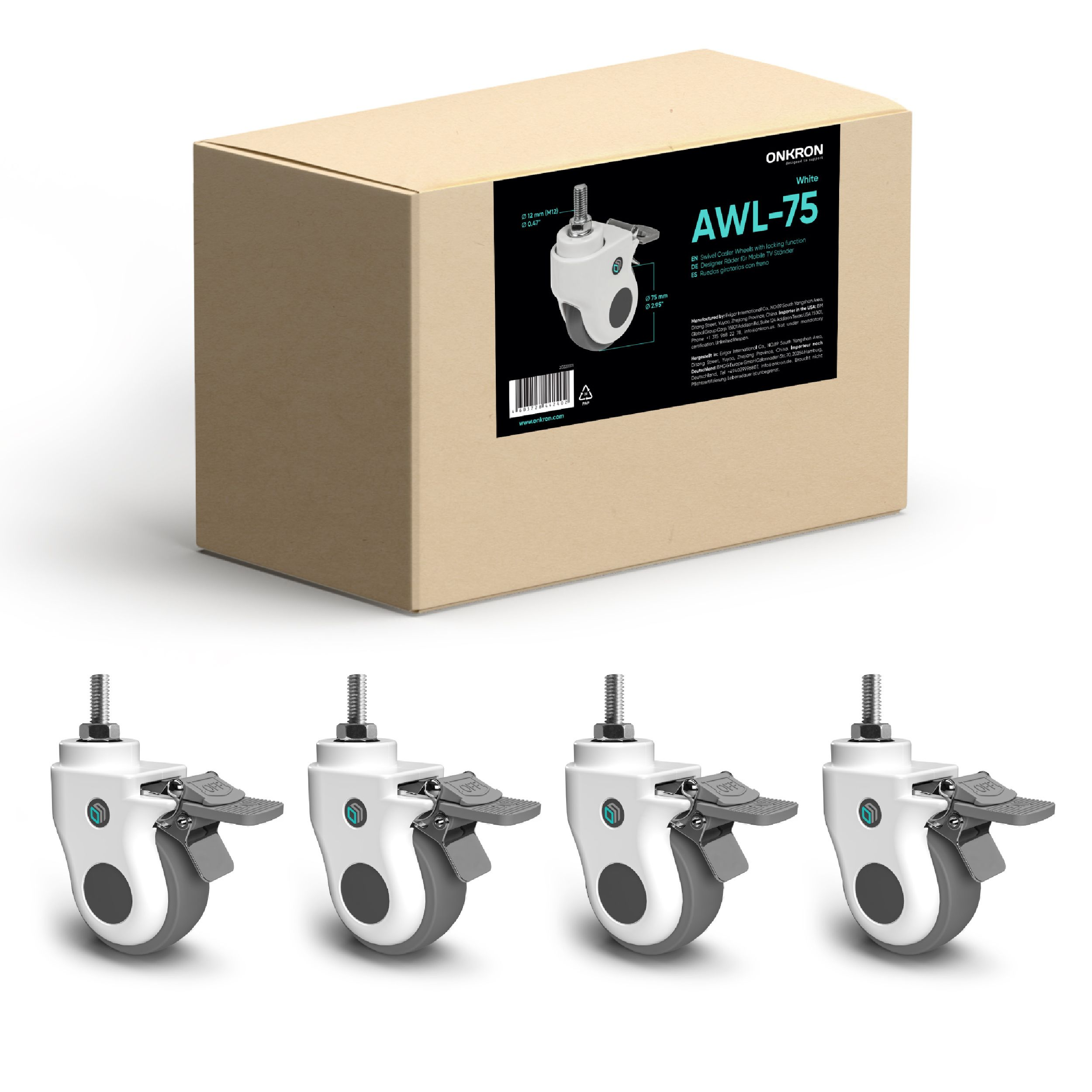 Karton mit weißen Lenkrollen und Produktdetails. Vier Räder befinden sich unter der Box.