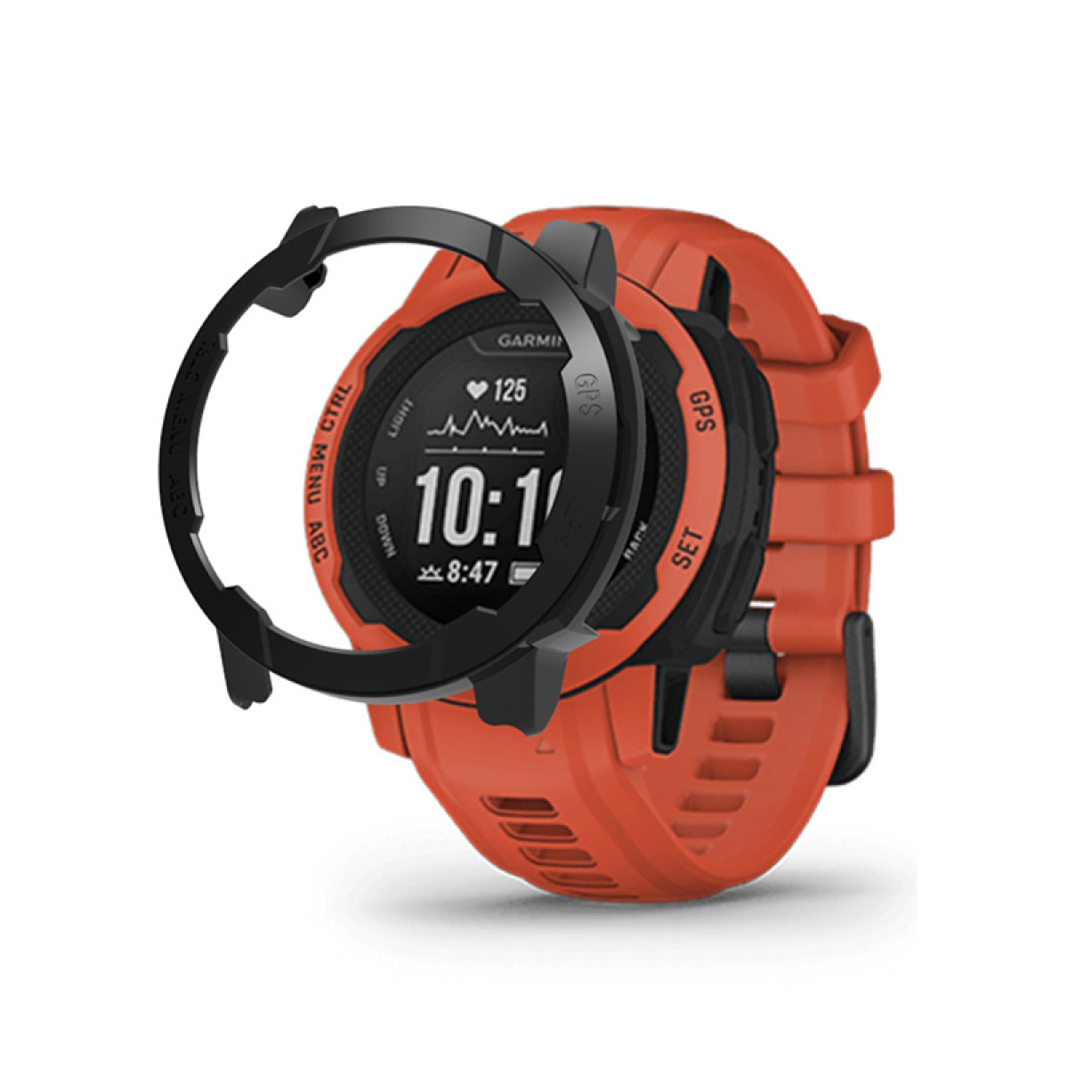 Un orologio Garmin Instinct arancione con una lunetta protettiva nera. L'orologio visualizza l'ora, la frequenza cardiaca e le funzioni GPS su uno schermo nero.