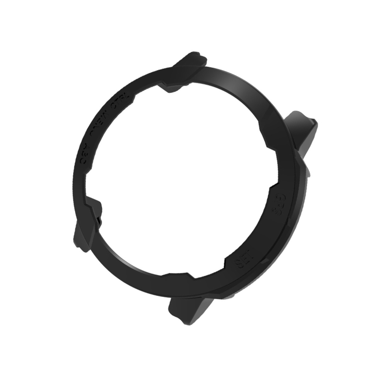 Un anello di plastica nera con le parole 'SET', 'GPS' e 'ABC MENU CTRL'. Presenta sporgenze e un foro centrale.