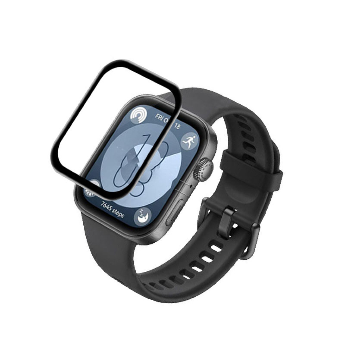 Uno smartwatch nero con protezione schermo. Mostra data, contapassi e icone di attività. L'orologio ha un cinturino nero.
