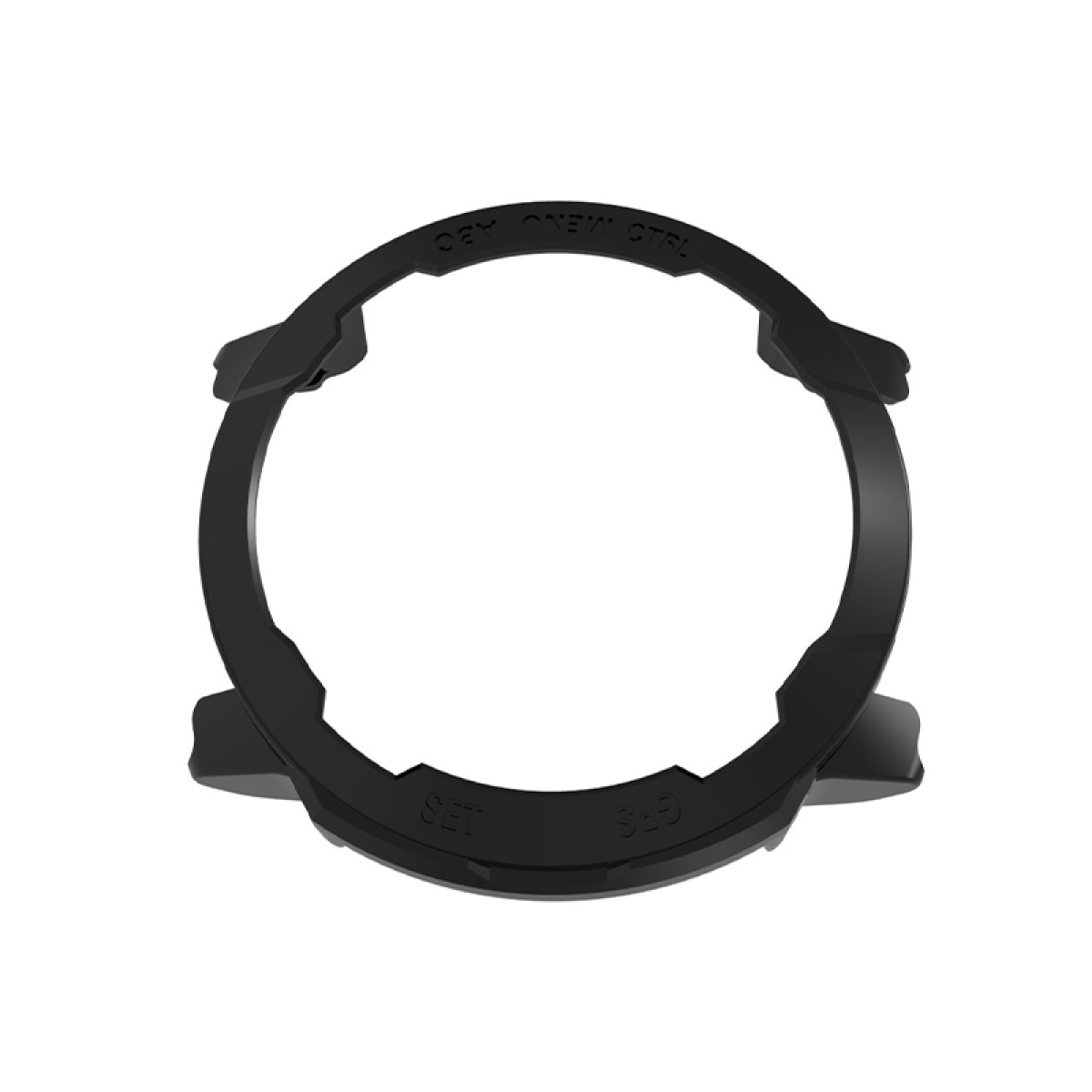 Dispositivo circolare nero con testo 'SET', 'GPS', 'MENU', 'CTRL' e 'ABC'. Lo sfondo è bianco.