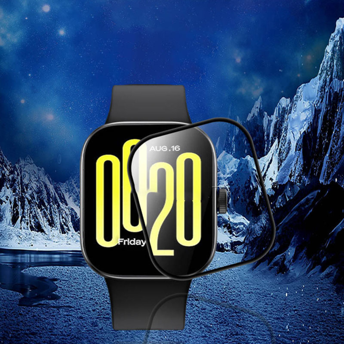 Uno smartwatch mostra '08:20 Venerdì 16 agosto' su uno sfondo di montagne innevate e cielo stellato.