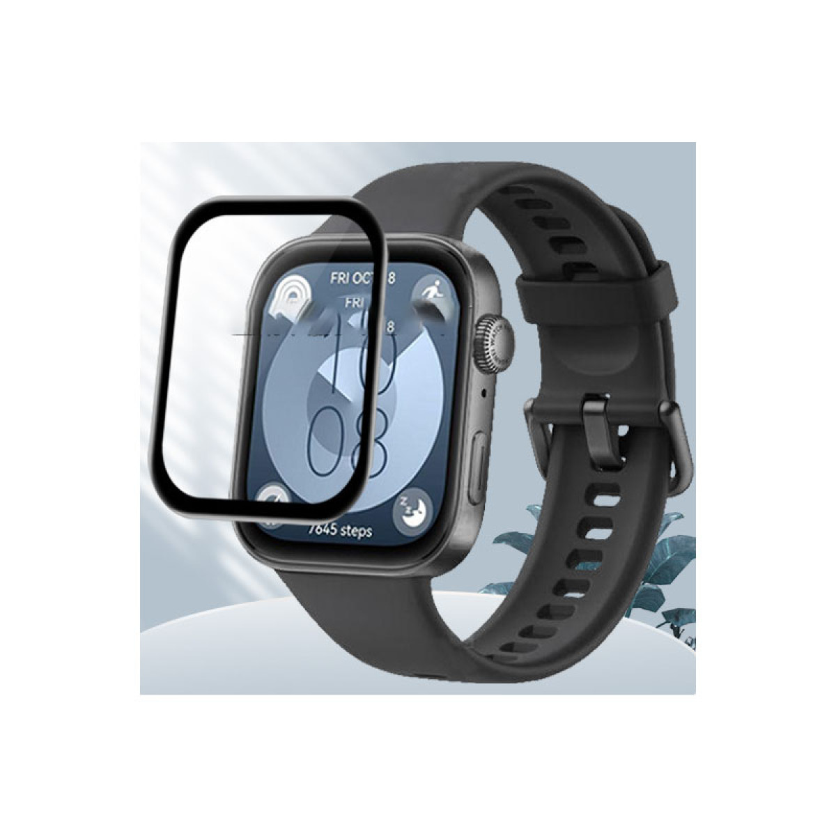 Uno smartwatch nero con cinturino nero. Un proteggi schermo nero è sopra il quadrante. Lo schermo mostra data, ora e passi.