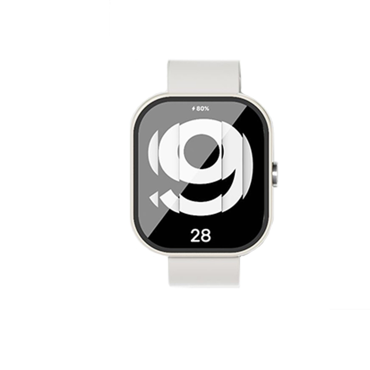 Uno smartwatch con cinturino bianco. Lo schermo mostra il numero 9, il numero 28 e il livello della batteria.