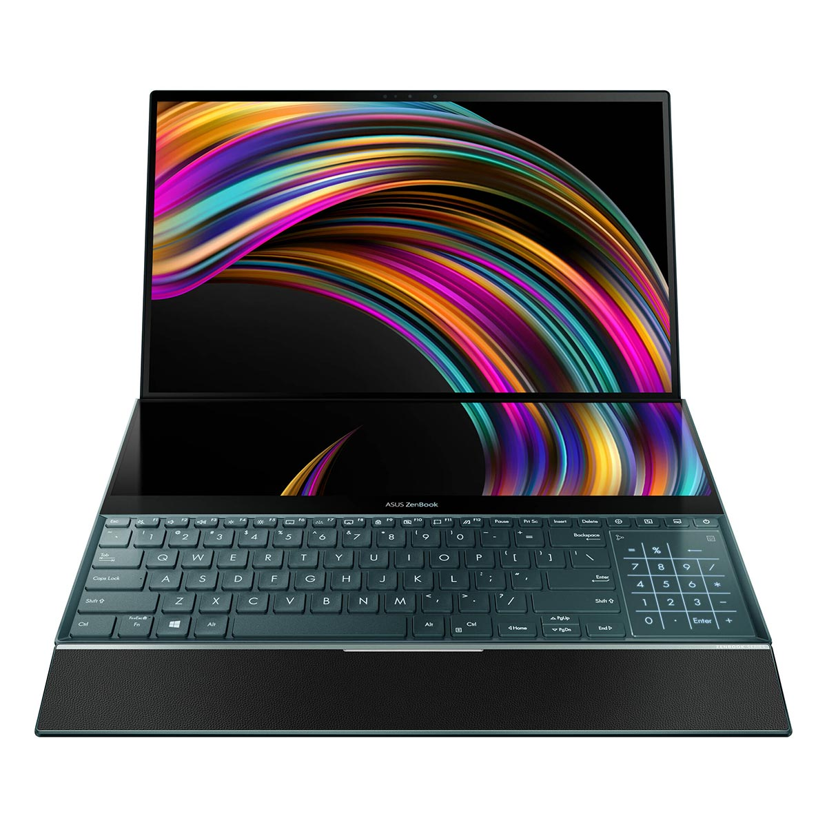 Laptop ASUS Zenbook jest otwarty, wyświetlając kolorowy abstrakcyjny obraz na obu ekranach. Widoczna jest klawiatura i touchpad.