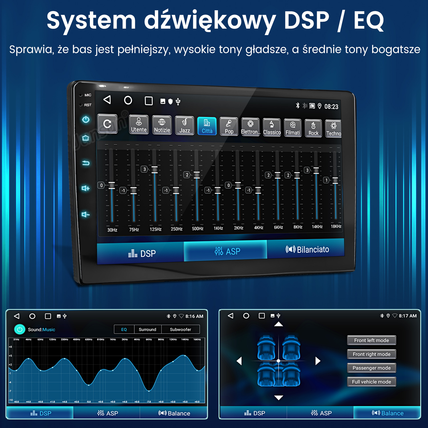 Ekran samochodowego systemu audio z korektorem, ustawieniami dźwięku i opcjami sterowania głośnikami przednimi i tylnymi.