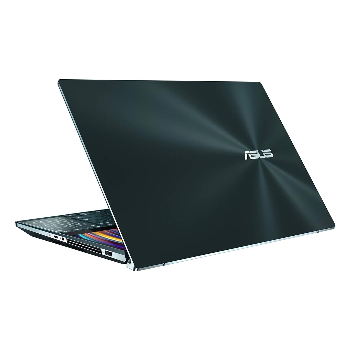 Ciemny laptop Asus jest pokazany pod kątem. Pokrywa jest otwarta, odsłaniając klawiaturę i dodatkowy ekran. Widoczne jest logo Asus.