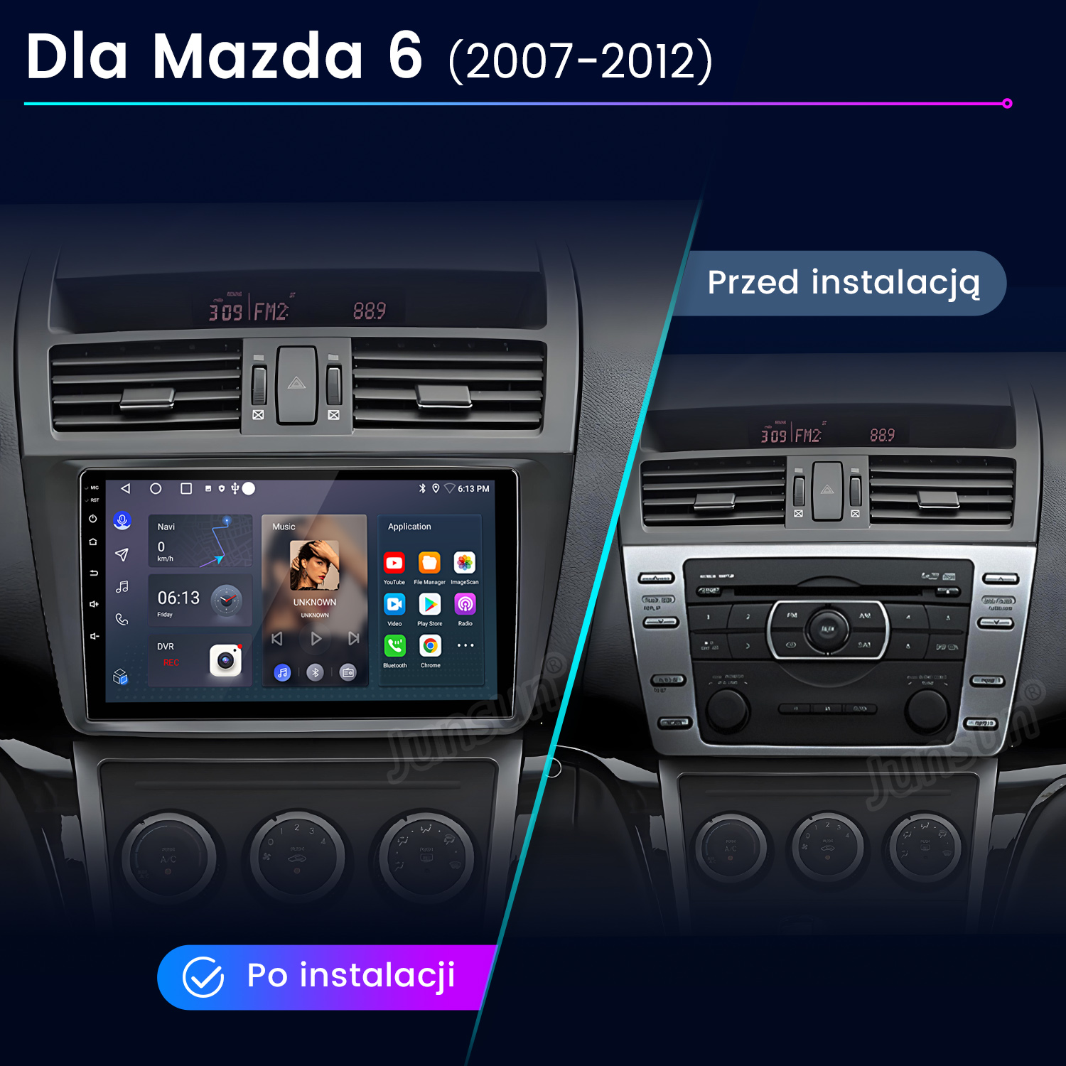 Porównanie desek rozdzielczych samochodów. Lewa strona pokazuje ekran z aplikacjami; prawa, radio. U góry napis: 'Dla Mazda 6'.