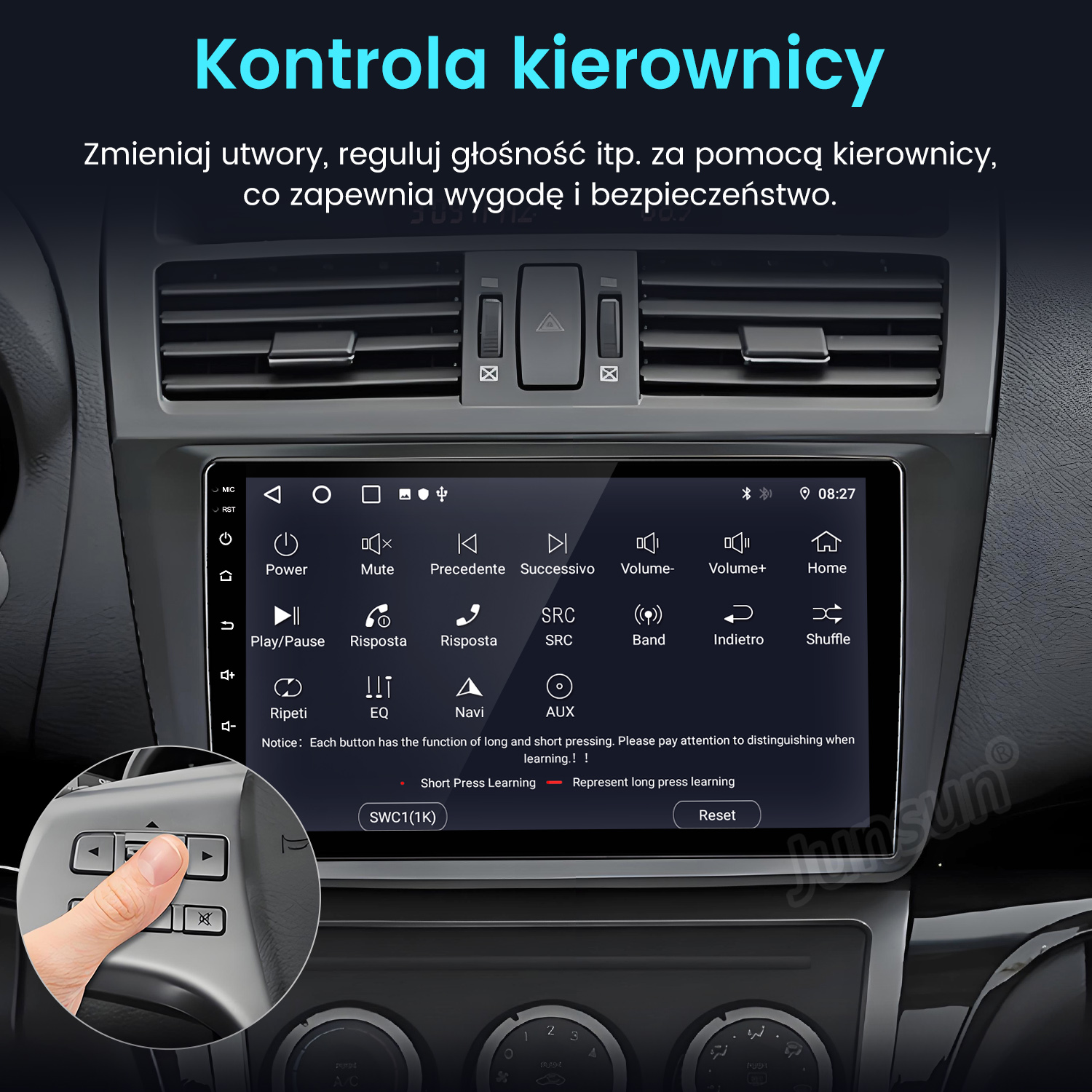 Deska rozdzielcza samochodu z ekranem wyświetlającym opcje sterowania. Ręka naciska przycisk na sterowaniu kierownicy.