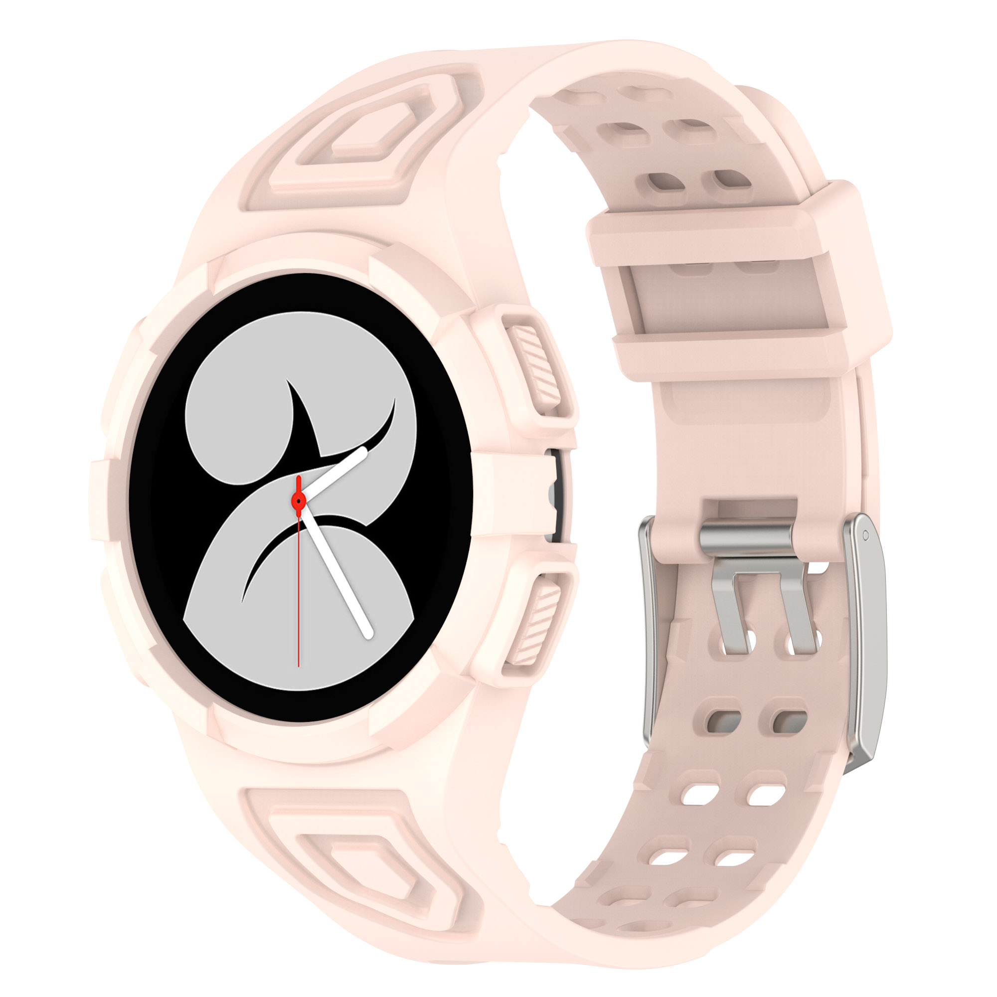 Uno smartwatch rosa chiaro con quadrante nero e grigio, lancette bianche e lancetta dei secondi rossa e cinturino abbinato.