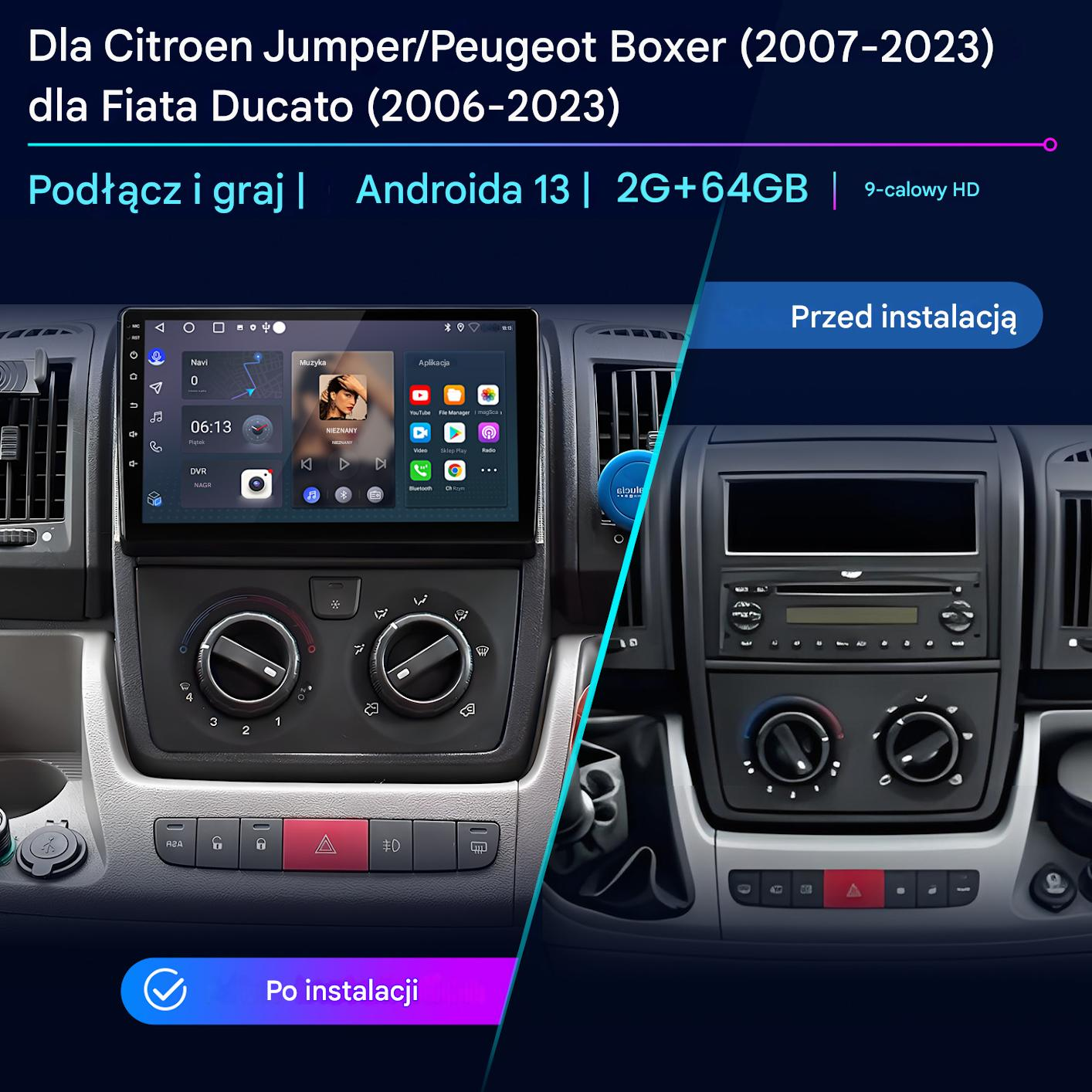 Porównanie deski rozdzielczej samochodu: przed i po instalacji. Nowy ekran pokazuje nawigację, muzykę, aplikacje. Stary panel ma radio i elementy sterujące.