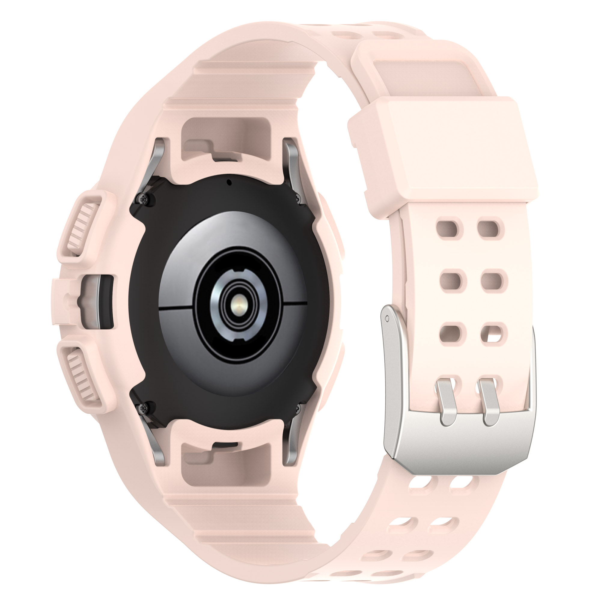 Uno smartwatch rosa chiaro con cinturino coordinato. Il retro dell'orologio è nero. Il cinturino ha una fibbia argentata.