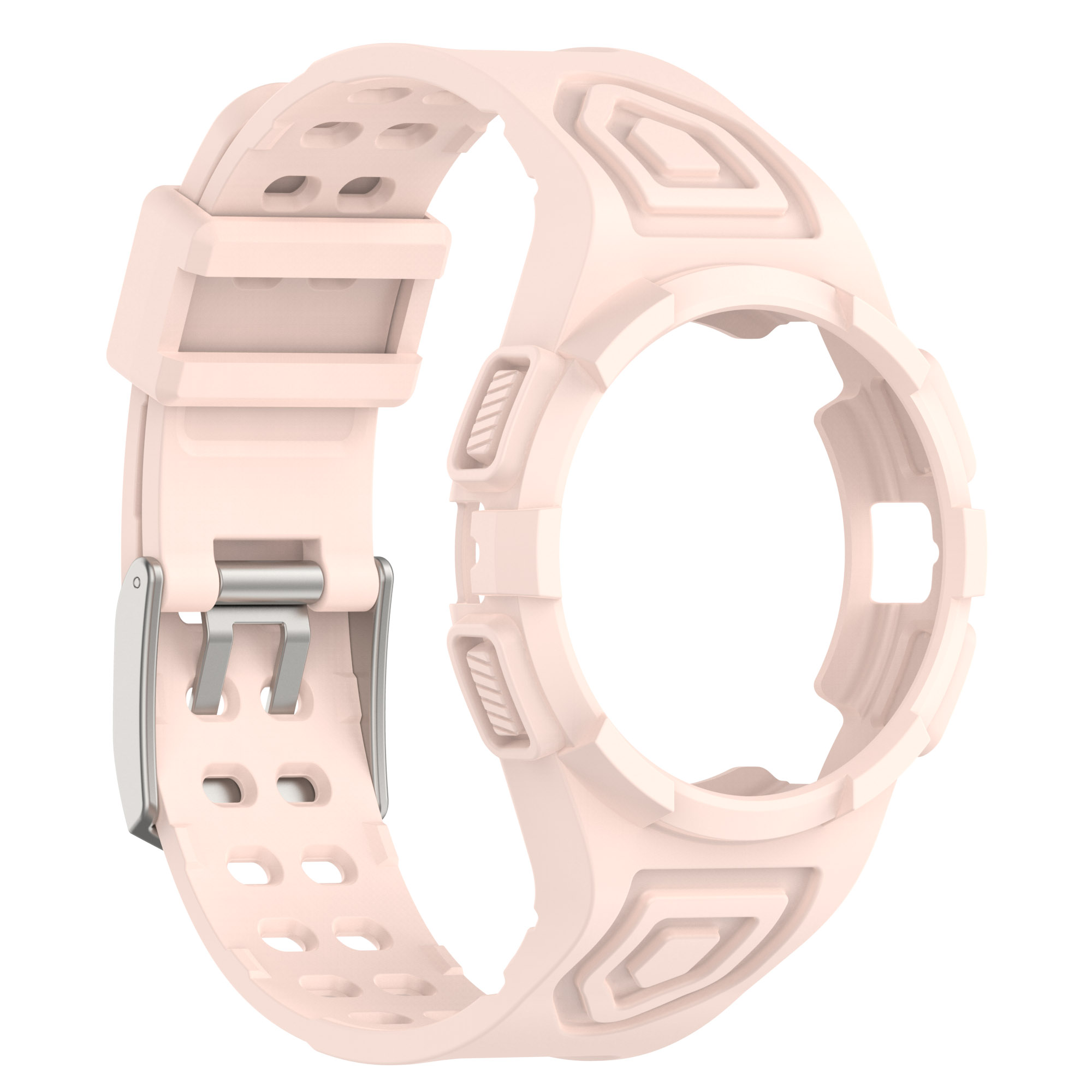 Un cinturino e una lunetta per orologio rosa chiaro, con chiusura argentata, su sfondo bianco.