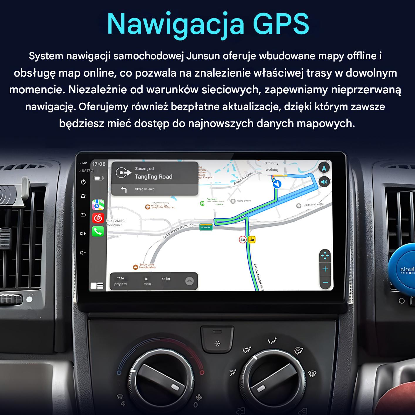 Ekran nawigacji samochodowej z mapą i wskazówkami dojazdu. Poniżej widoczne są elementy sterowania deską rozdzielczą.
