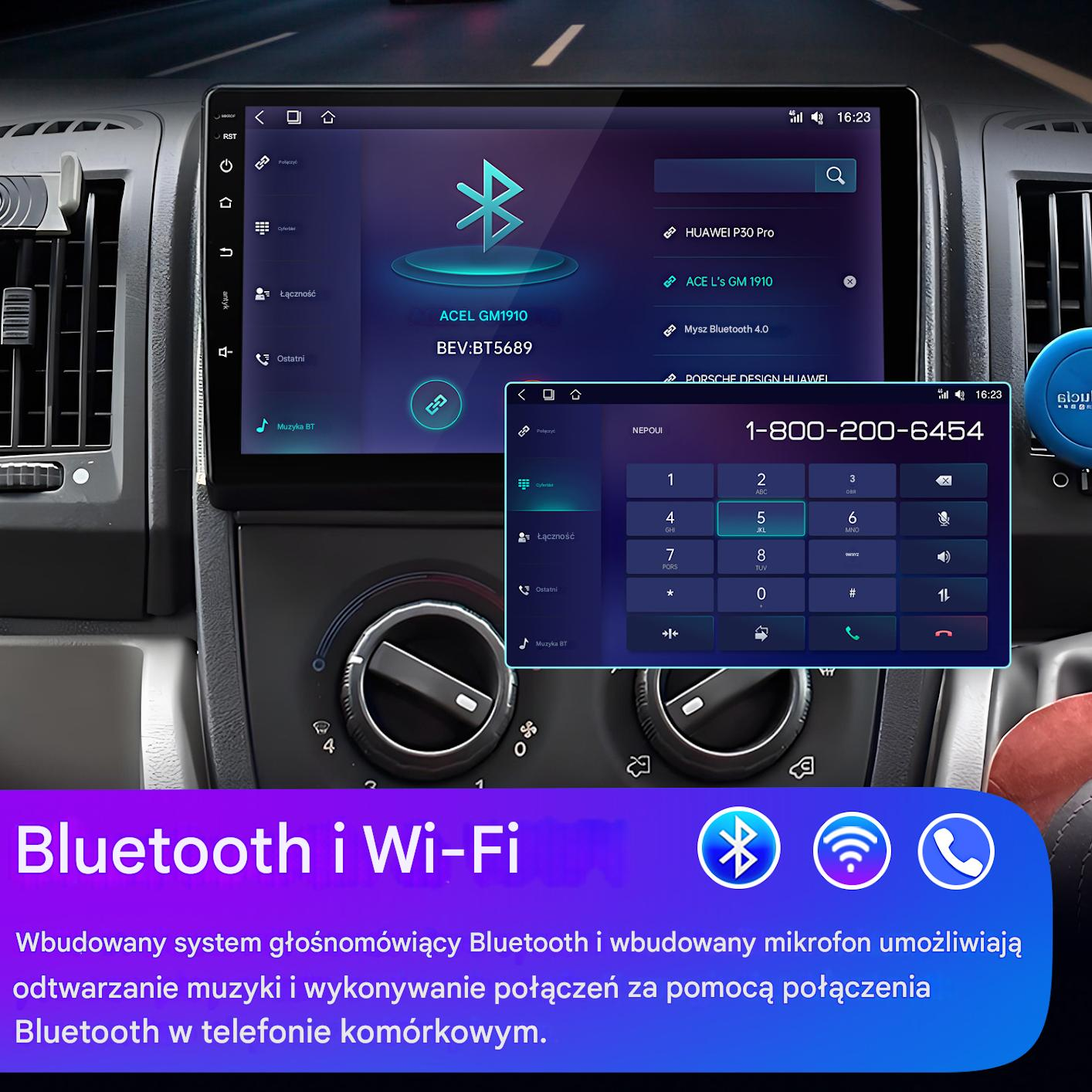 Ekran systemu infotainment w samochodzie wyświetlający ustawienia Bluetooth i klawiaturę telefonu. Przyciski i pokrętła.