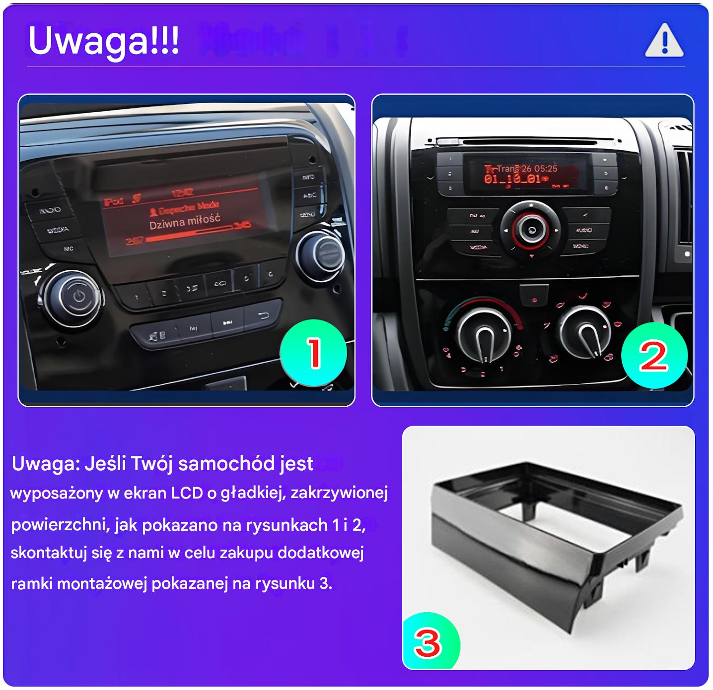Zdjęcie przedstawia panele radia samochodowego. Panel 1 ma ekran wyświetlający informacje o utworze. Panel 2 ma wyświetlacz z godziną. Panel 3 to czarna ramka.
