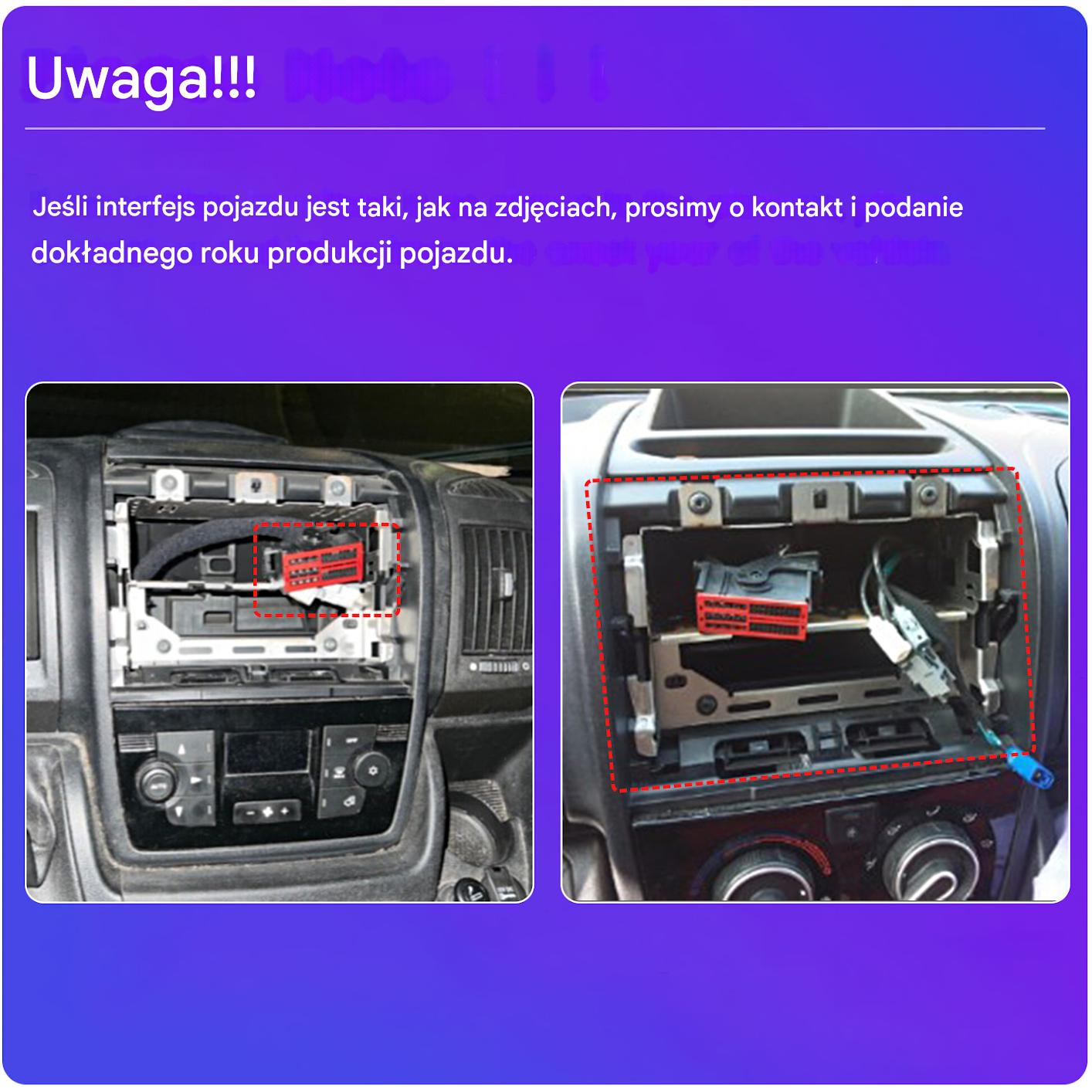 Zbliżenie deski rozdzielczej samochodu, pokazujące gniazdo radia i okablowanie z czerwonymi złączami. Tekst po polsku.