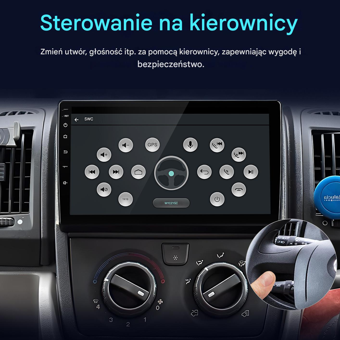 Deska rozdzielcza samochodu z ekranem wyświetlającym opcje sterowania. Ręka używa elementów sterujących kierownicy. Tekst: 'Sterowanie kierownicą'.