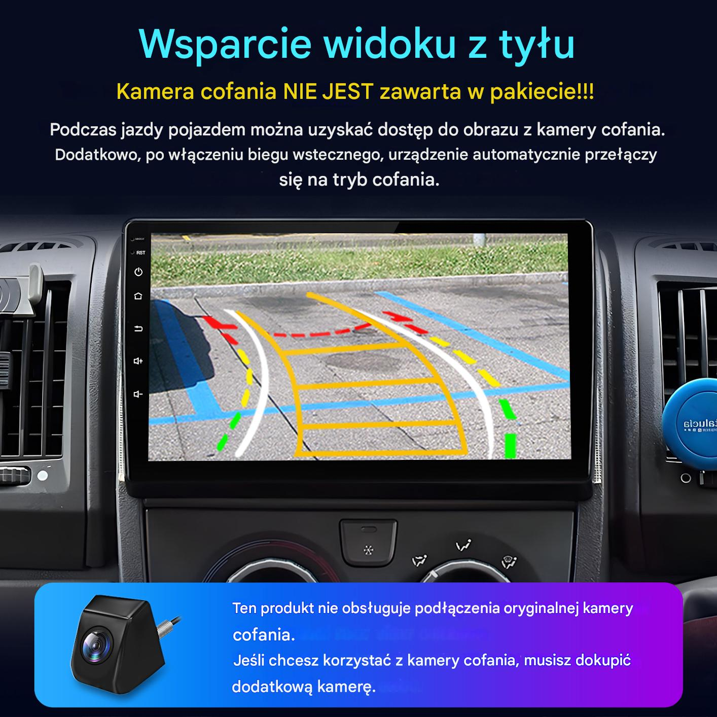 Ekran deski rozdzielczej samochodu z widokiem wspomagania parkowania, z małą kamerą na dole i polskim tekstem.